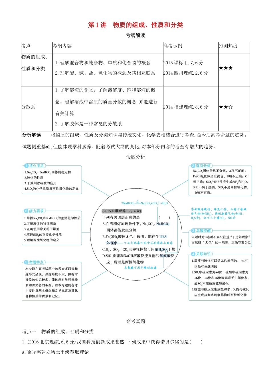 高考化学一轮复习 第1讲 物质的组成、性质和分类讲练结合学案-人教版高三全册化学学案_第1页