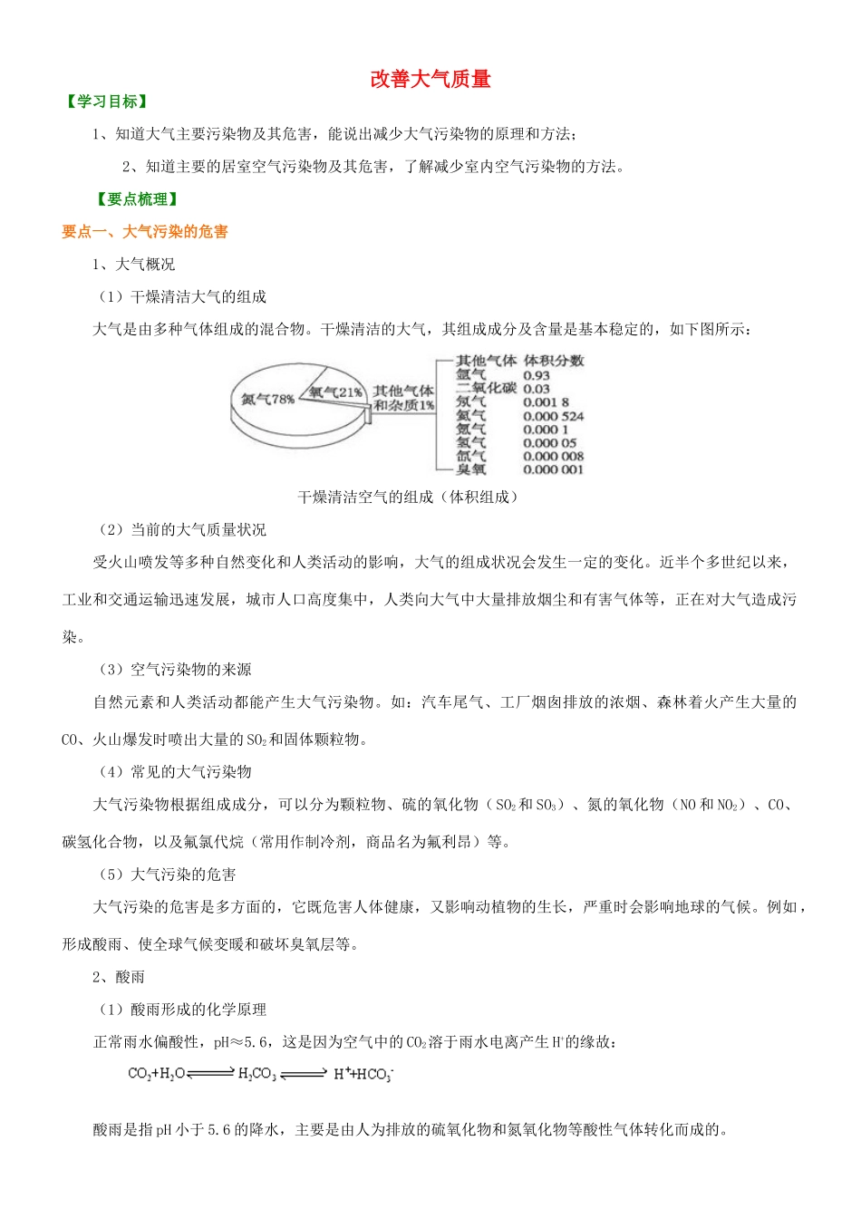 高中化学 改善大气质量知识讲解学案 新人教版选修2-新人教版高二选修2化学学案_第1页
