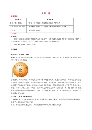 秋九年级物理下册 第十一章 物理学与能源技术 4 核能教案 （新版）教科版-（新版）教科版初中九年级下册物理教案