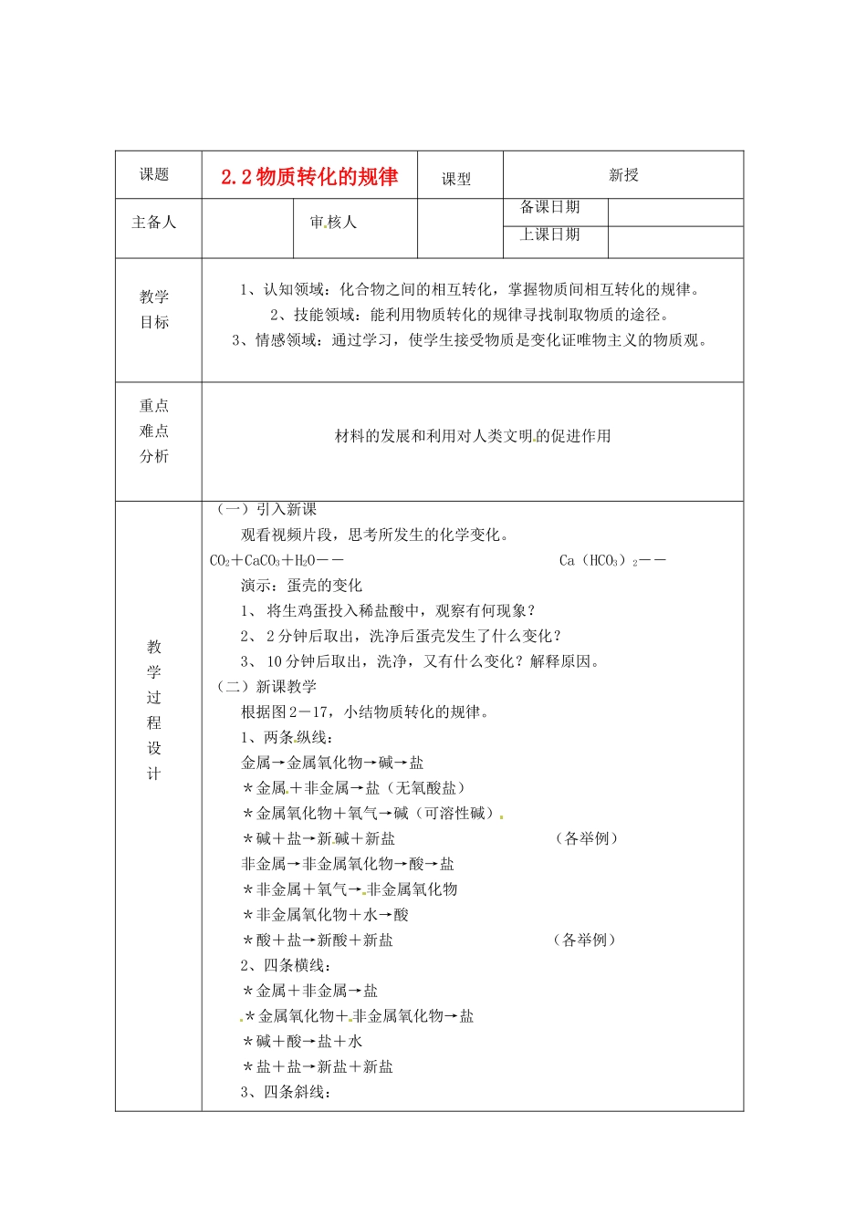 浙江省绍兴县杨汛桥镇中学九年级科学上册《2.2物质转化的规律（三）》教案 浙教版_第1页