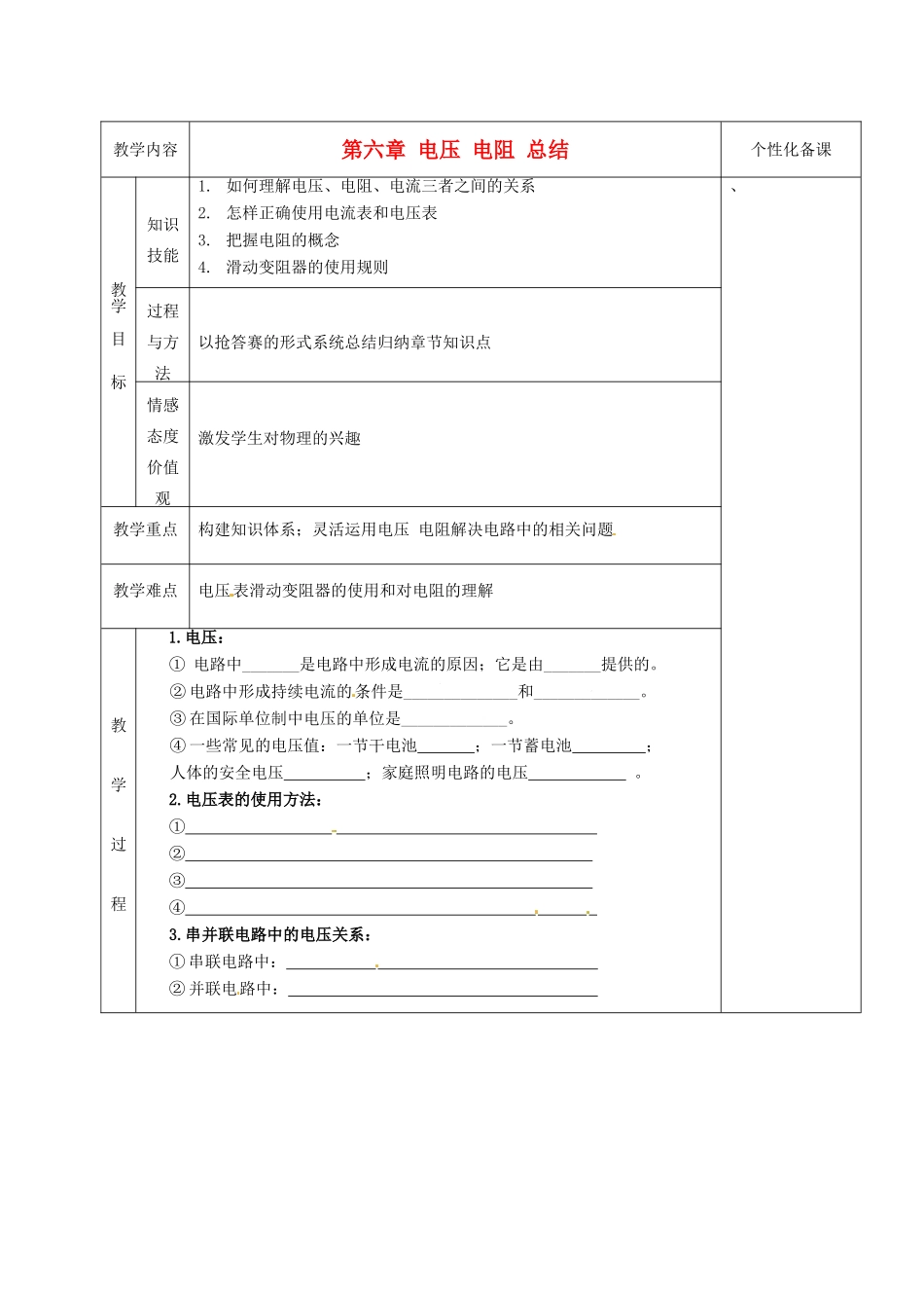 湖南省茶陵县潞水学校八年级物理《6.5 电压、电阻总结》教案 人教新课标版_第1页
