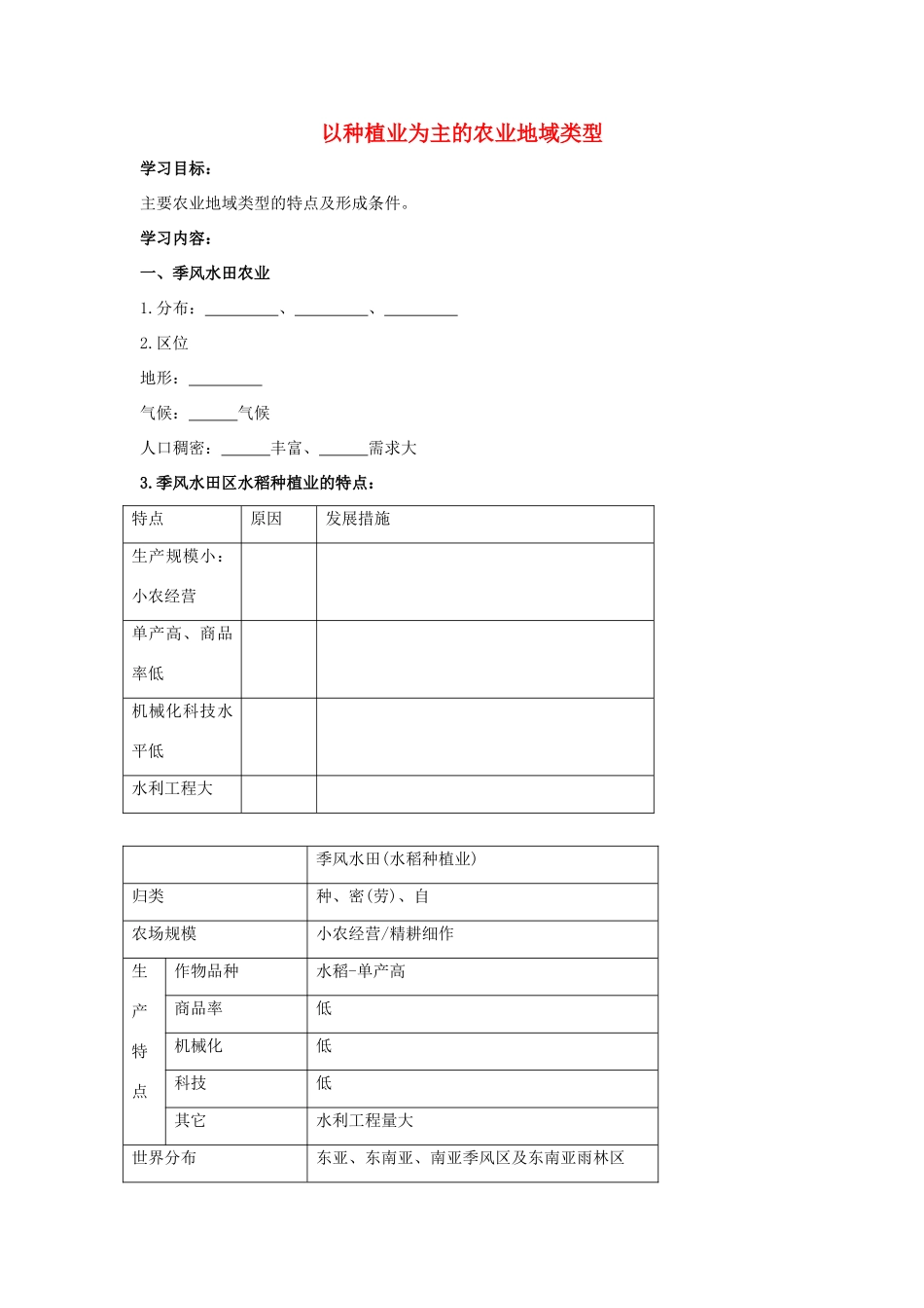 高中地理 以种植业为主的农业地域类型学案（含解析）新人教版-新人教版高一全册地理学案_第1页