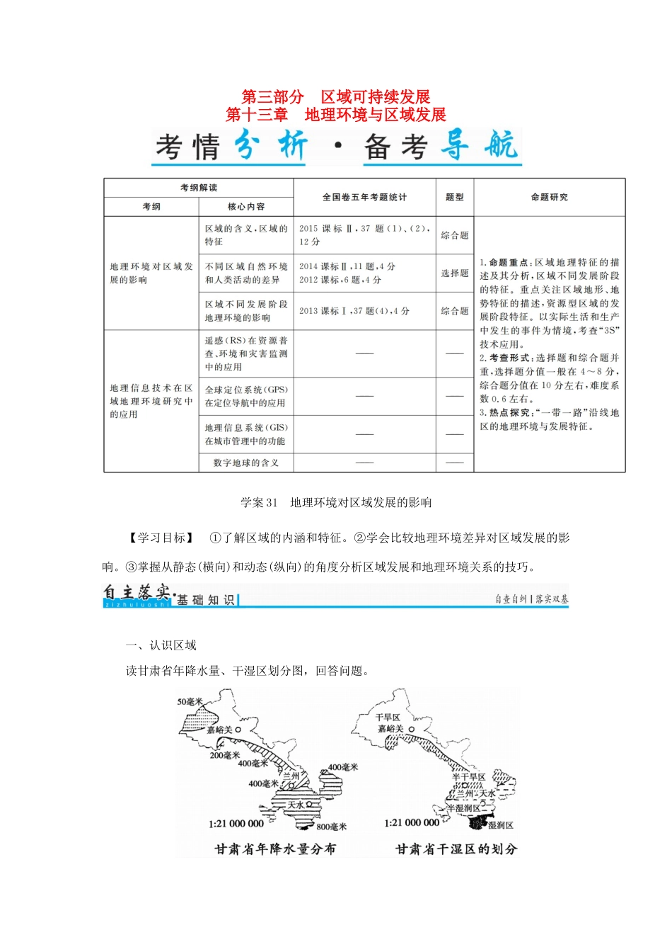 高考地理一轮复习 第三部分 区域可持续发展 第13章 地理环境与区域发展 31 地理环境对区域发展的影响学案-人教版高三全册地理学案_第1页