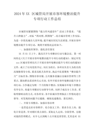 2024年XX区城管局开展市容环境整治提升专项行动工作总结