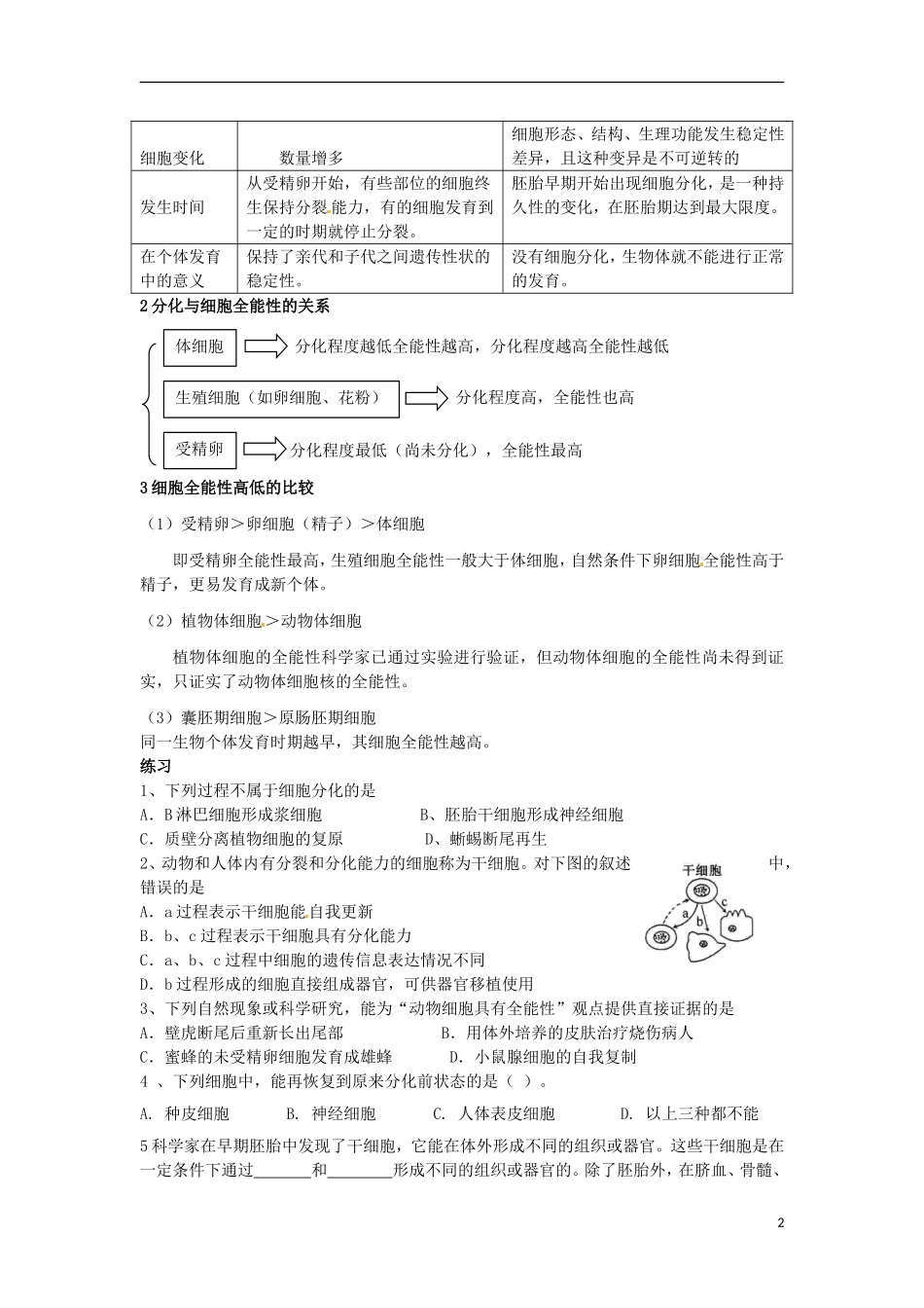 河北省邯郸四中高二生物《6.2分化》学案_第2页