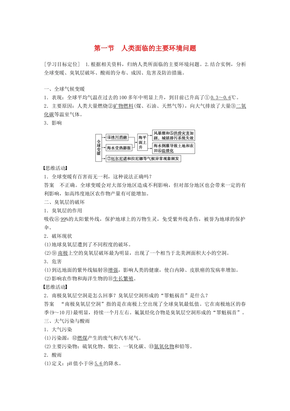 高中地理 第四章 第一节 人类面临的主要环境问题学案 中图版必修2-中图版高一必修2地理学案_第1页