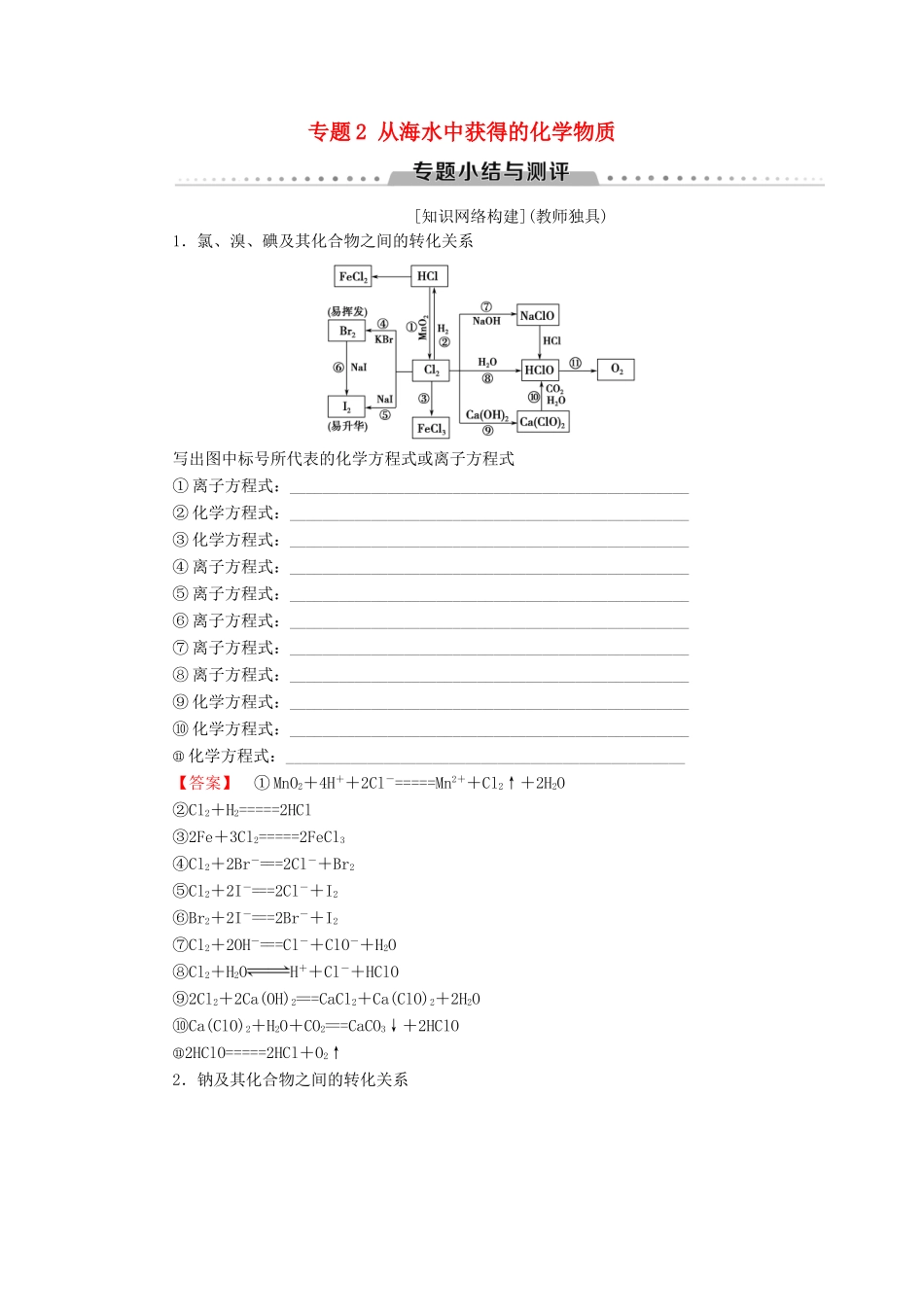高中化学 专题2 从海水中获得的化学物质专题小结与测评学案 苏教版必修1-苏教版高一必修1化学学案_第1页