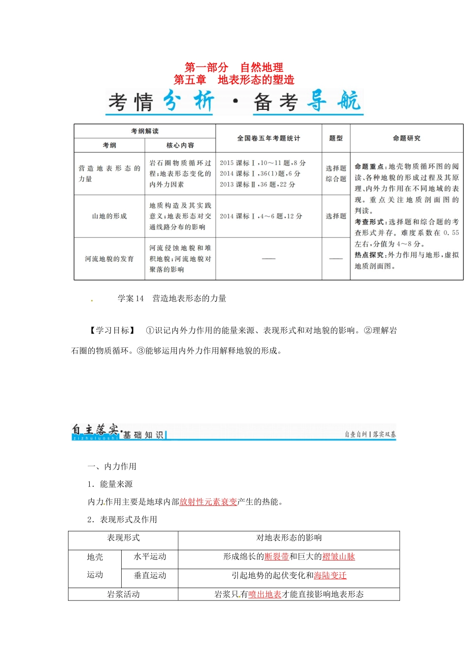 高考地理一轮复习 第一部分 自然地理 第5章 地表形态的塑造 14 营造地表形态的力量学案-人教版高三全册地理学案_第1页