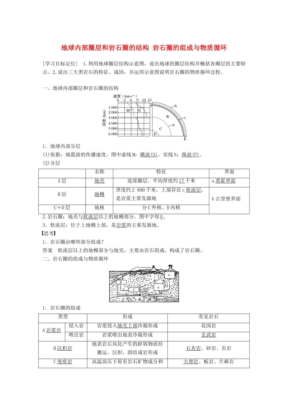 高中地理 第二单元 第一节 课时1 地球内部圈层和岩石圈的结构 岩石圈的组成与物质循环导学案 鲁教版必修1-鲁教版高一必修1地理学案_第1页