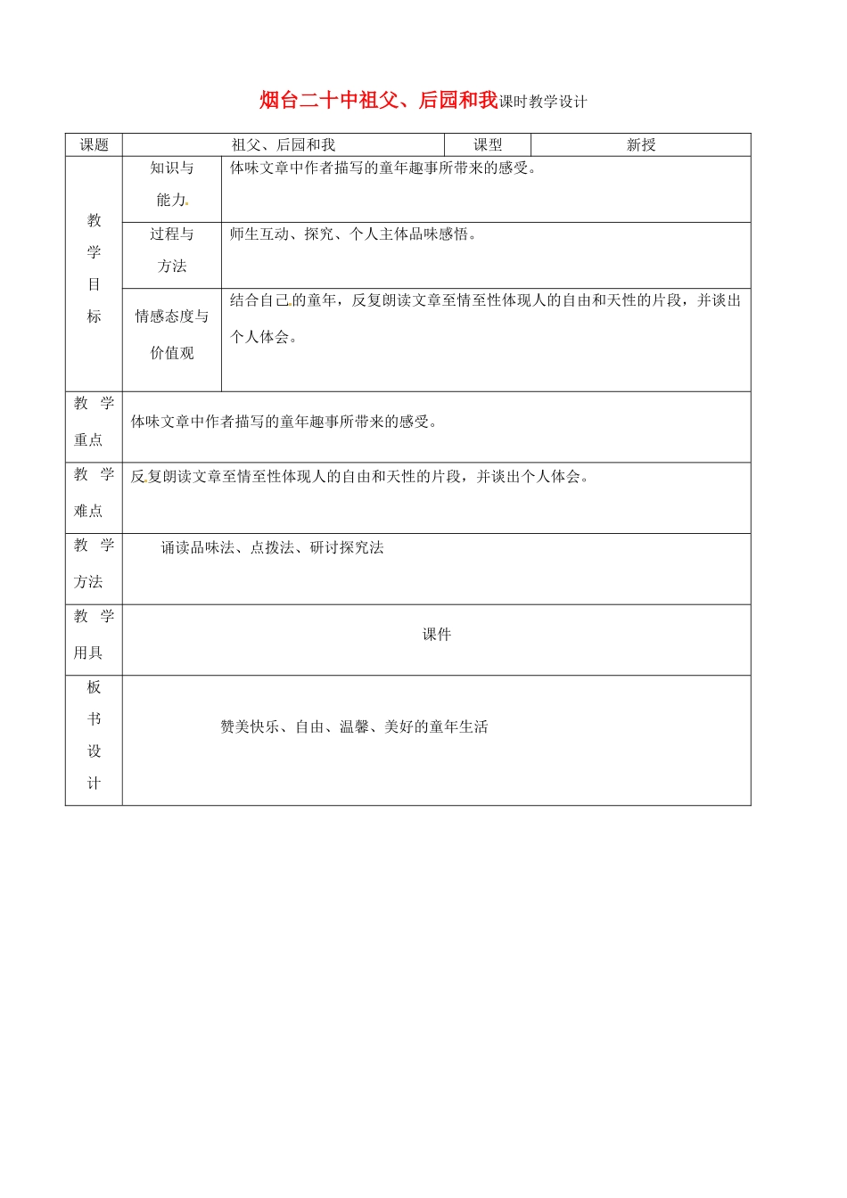 山东省烟台20中七年级语文 《祖父、后园和我》教学设计_第1页