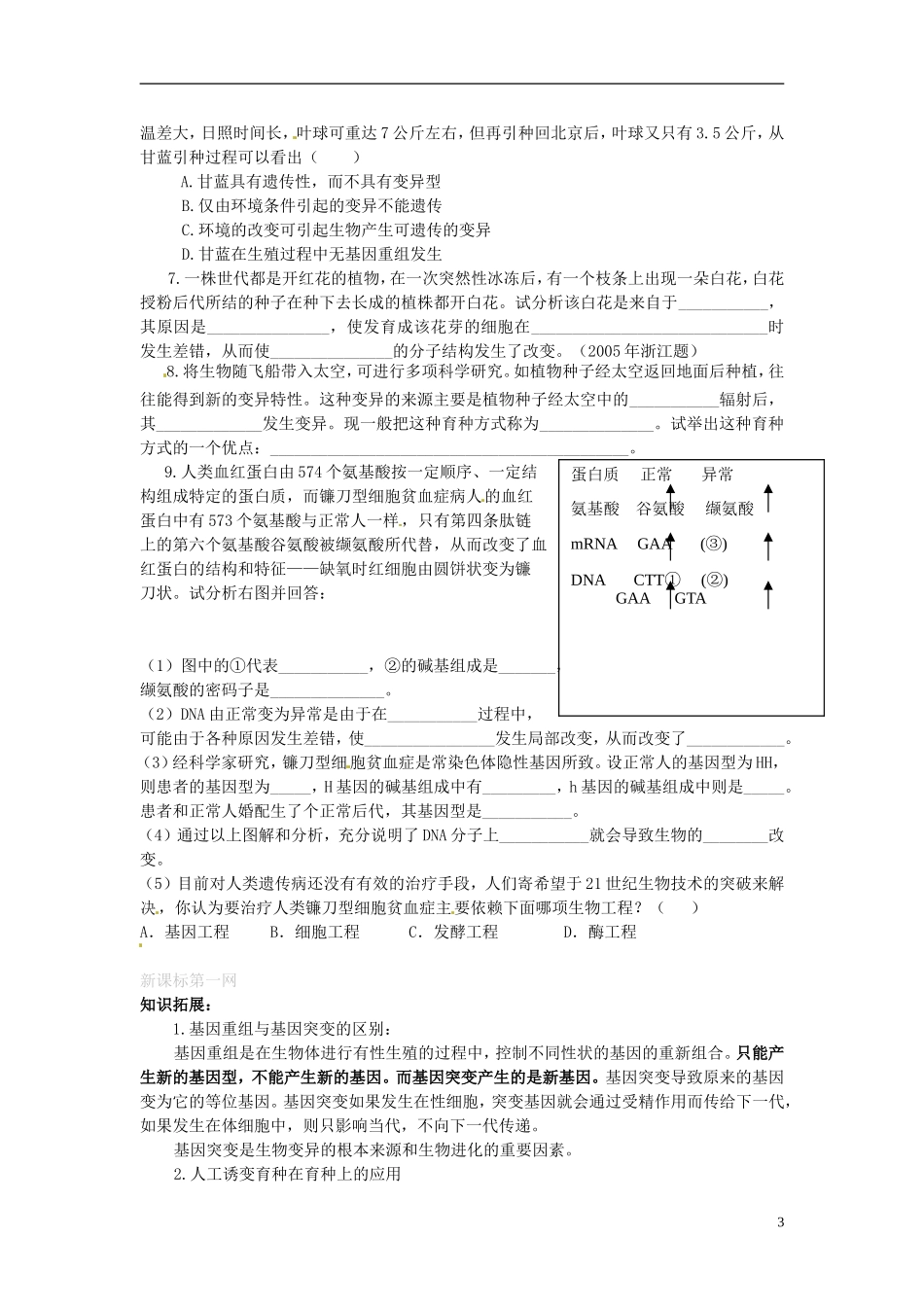 湖南省怀化市湖天中学高中生物 5.1 基因突变和基因重组教学案 新人教版必修2_第3页