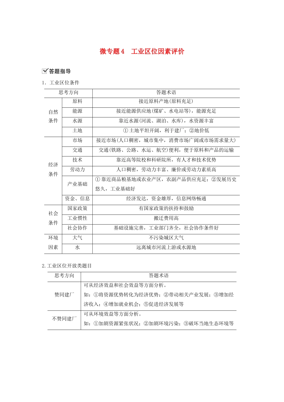 高中地理 第3章 产业区位选择 微专题4 工业区位因素评价学案 湘教版必修第二册-湘教版高一第二册地理学案_第1页