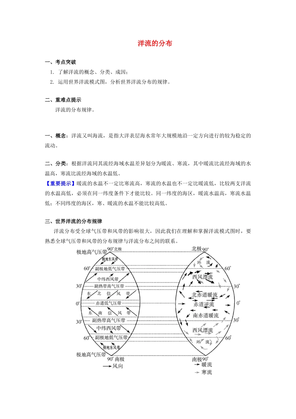 高中地理 第二章 自然环境中的物质运动和能量交换 第四节 水循环和洋流 洋流的分布学案 湘教版必修1-湘教版高一必修1地理学案_第1页