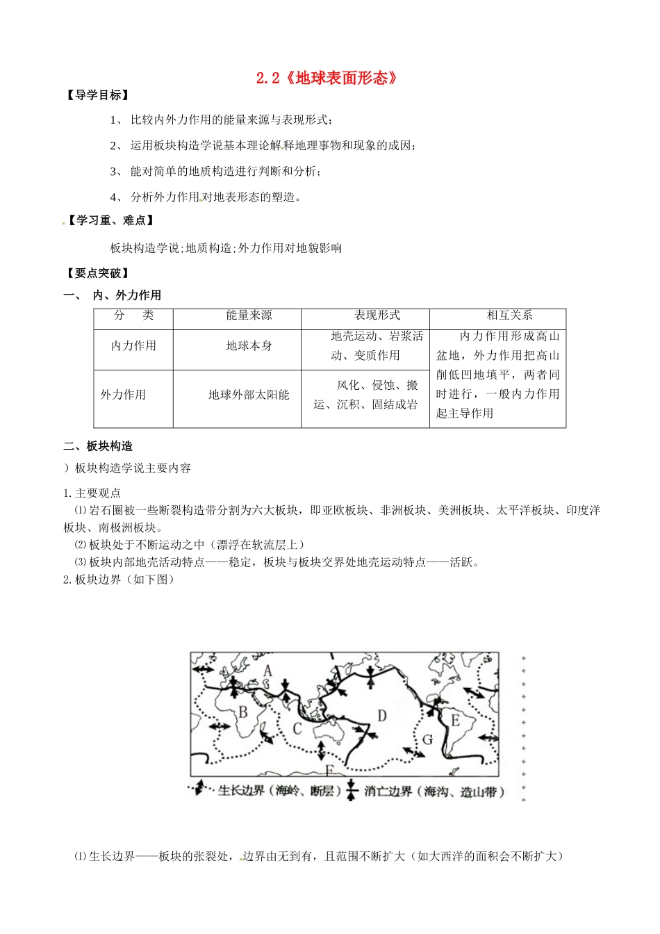 高中地理 2.2《地球表面形态》导学案 中图版必修1-中图版高一必修1地理学案_第1页