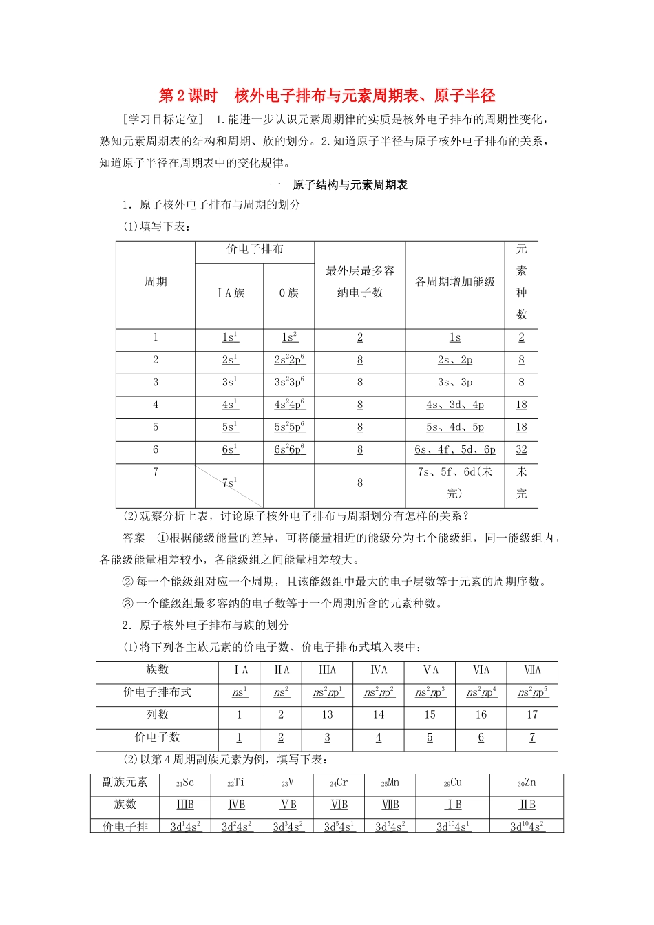 高中化学 第1章 原子结构 第2节 第2课时 核外电子排布与元素周期表、原子半径学案 鲁科版选修3-鲁科版高二选修3化学学案_第1页