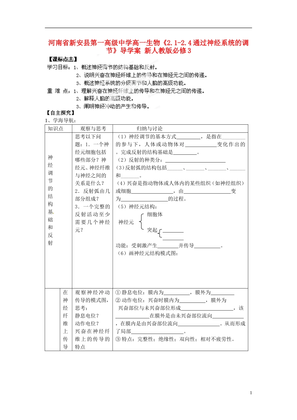 河南省新安县第一高级中学高中生物《2.1-2.4通过神经系统的调节》导学案 新人教版必修3_第1页
