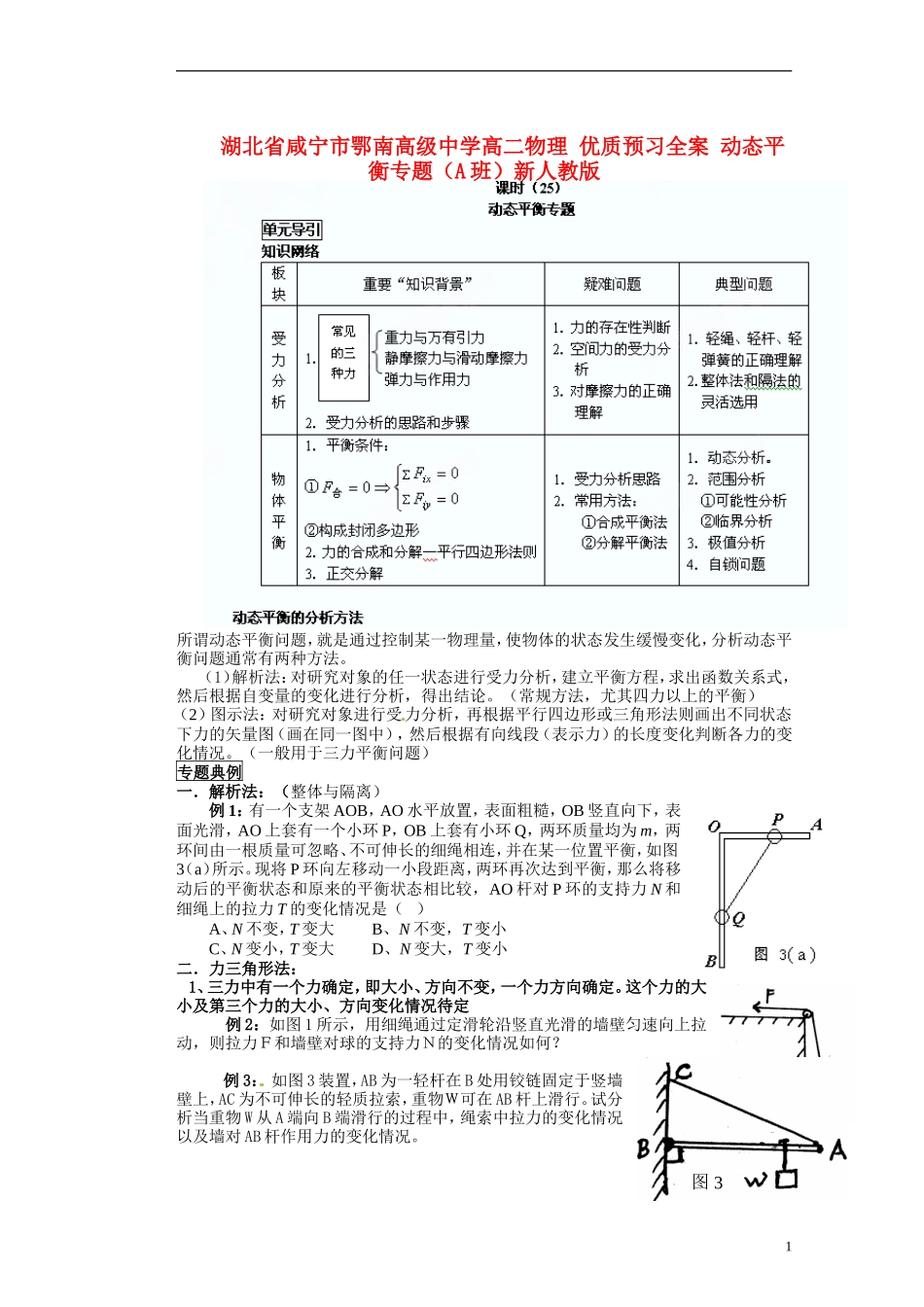 湖北省咸宁市鄂南高级中学高二物理 优质预习全案 动态平衡专题（A班）新人教版_第1页