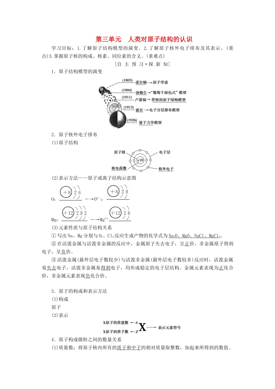 高中化学 专题1 化学家眼中的物质世界 第3单元 人类对原子结构的认识学案 苏教版必修1-苏教版高一必修1化学学案_第1页