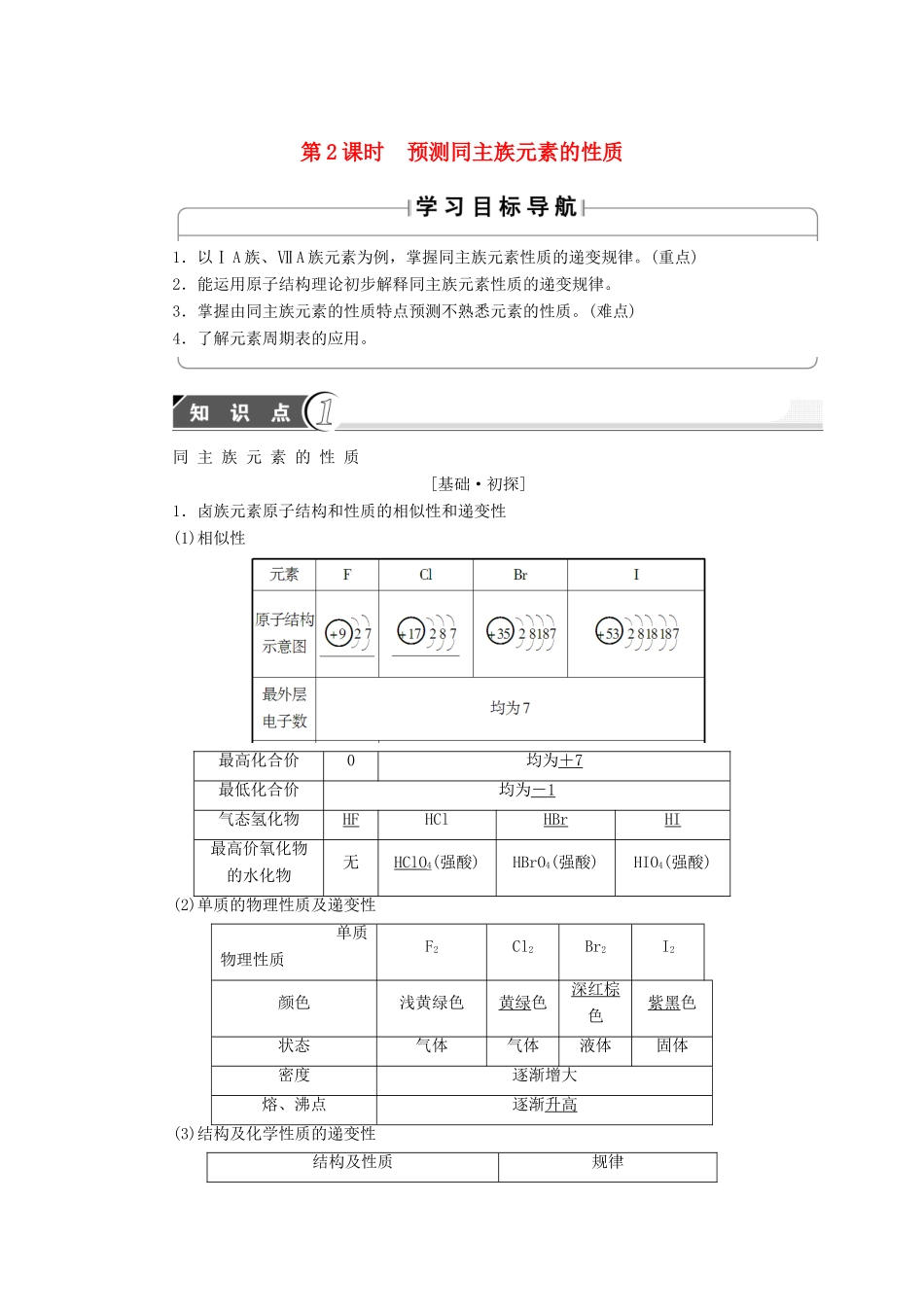 高中化学 第1章 原子结构与元素周期律 第3节 元素周期表的应用（第2课时）预测同主族元素的性质学案 鲁科版必修2-鲁科版高中必修2化学学案_第1页