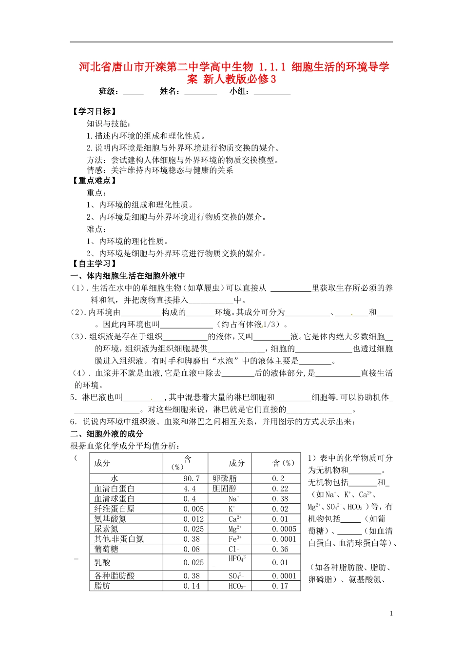 河北省唐山市开滦第二中学高中生物 1.1.1 细胞生活的环境导学案 新人教版必修3_第1页