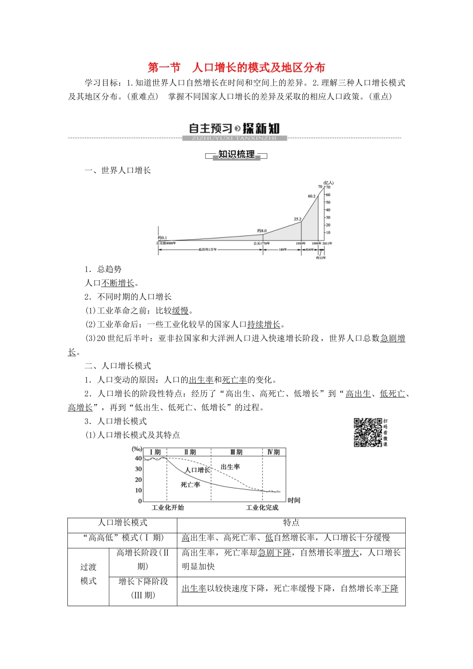 高中地理 第1章 人口的增长、迁移与合理容量 第1节 人口增长的模式及地区分布学案 中图版必修2-中图版高一必修2地理学案_第1页