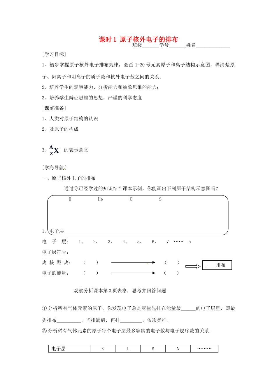 高中化学 课时1 原子核外电子的排布学案 苏教版必修2_第1页