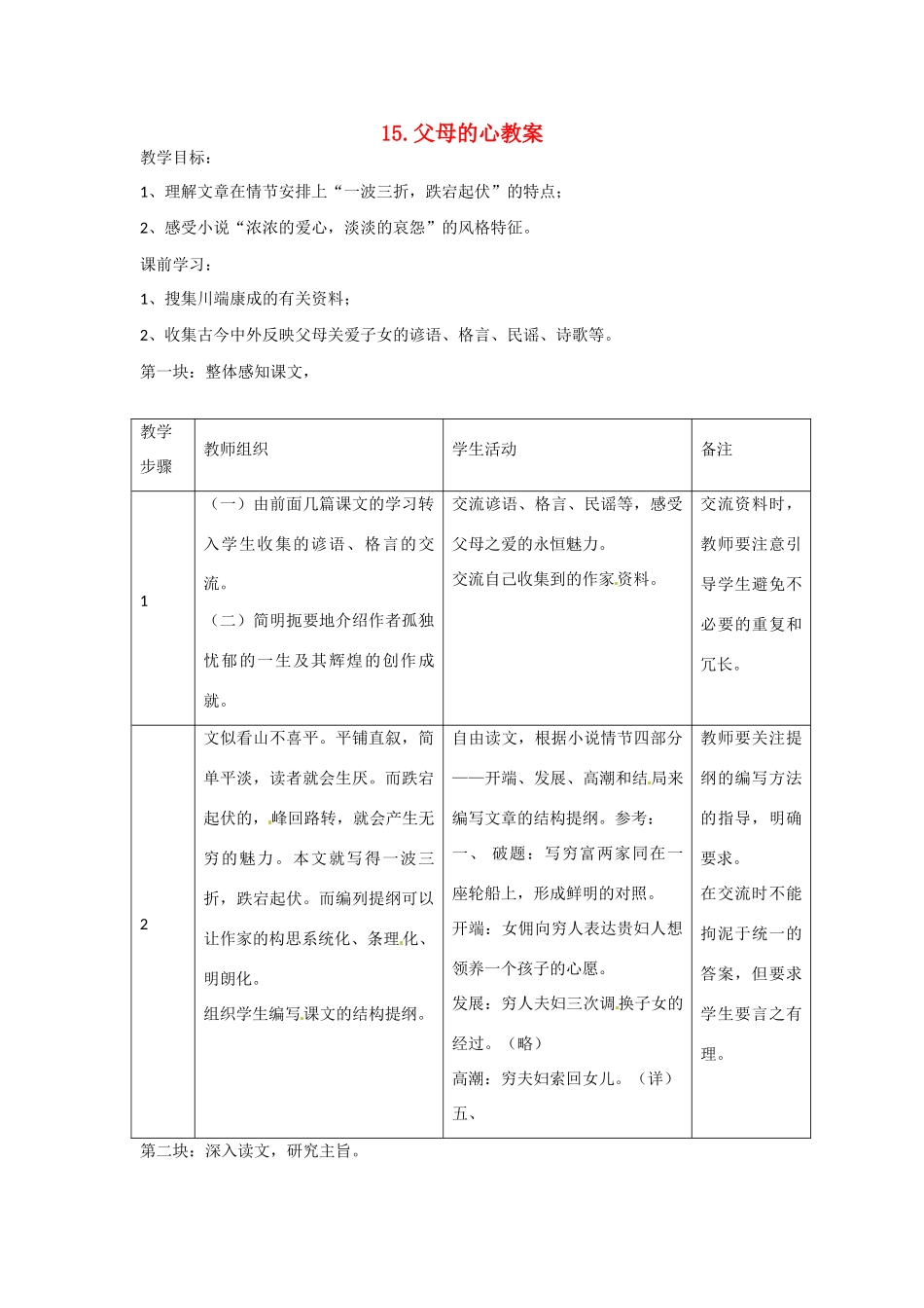 江苏省常州市花园中学八年级语文上册 15.父母的心教案 苏教版_第1页