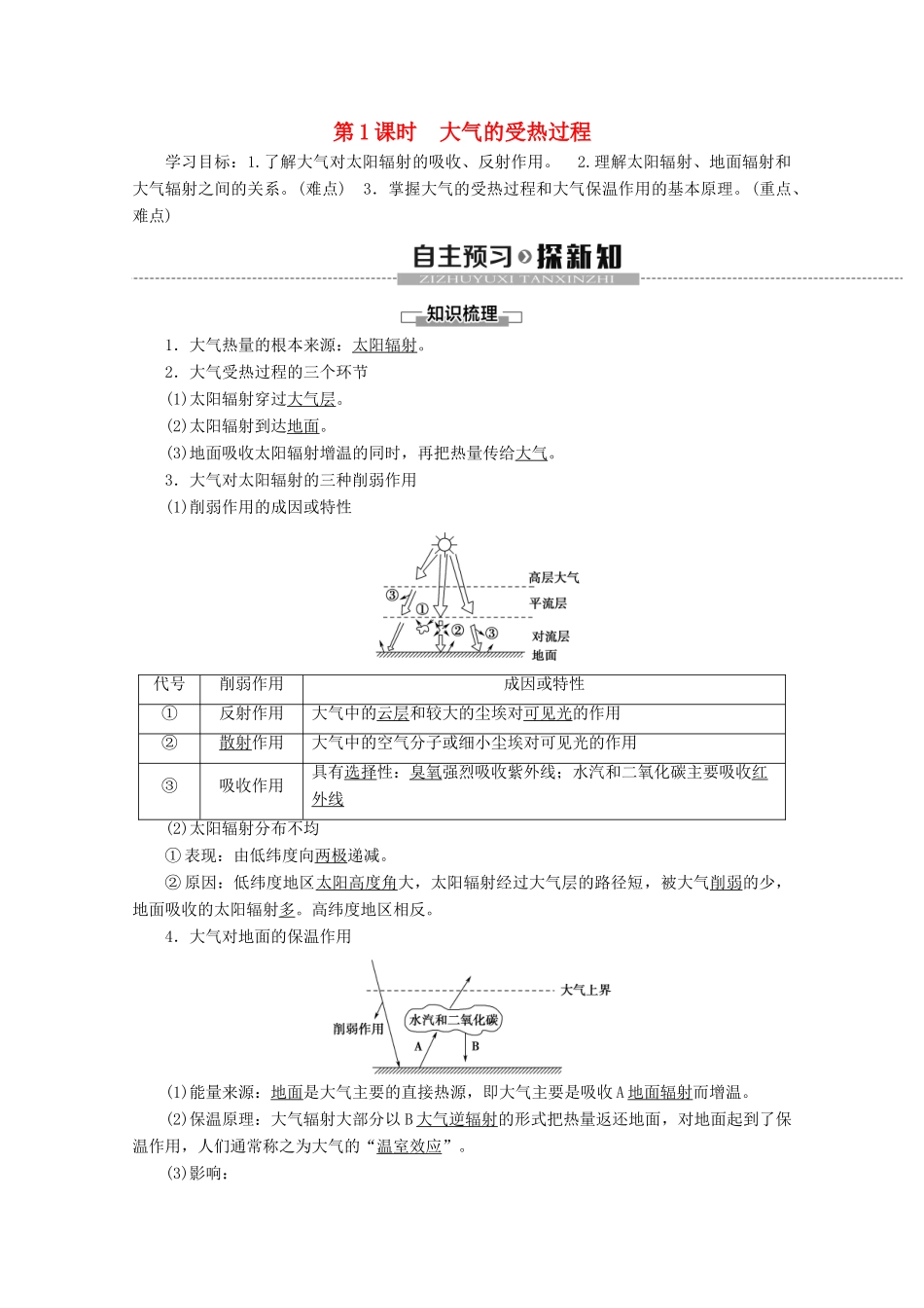 高中地理 第2章 自然地理环境中的物质运动和能量交换 第1节 大气的热状况与大气运动 第1课时 大气的受热过程学案 中图版必修1-中图版高一必修1地理学案_第1页