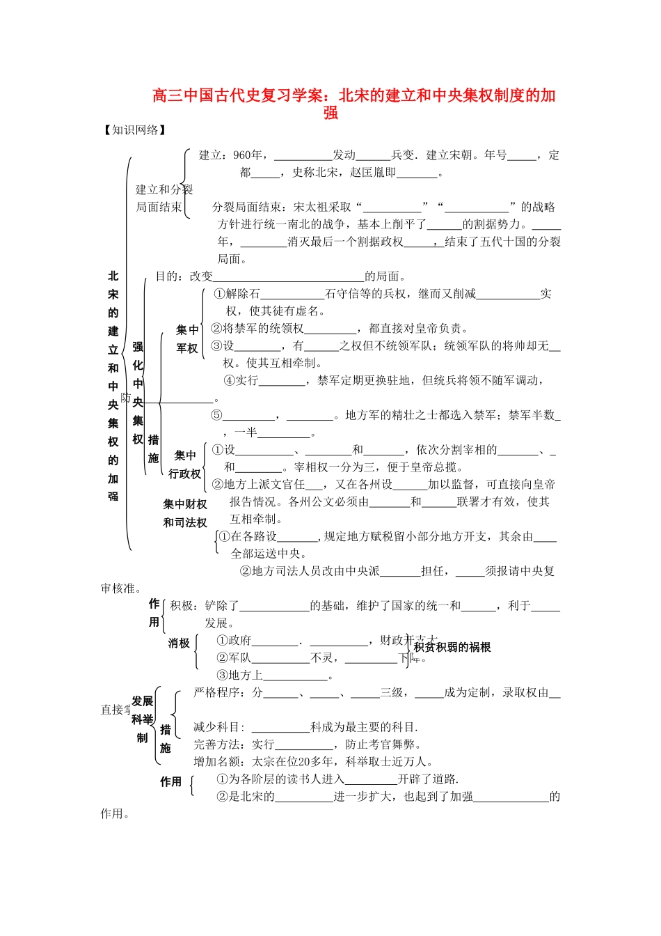 高三历史中国古代史复习学案：5.2   北宋的建立和中央集权制度的加强旧人教版_第1页