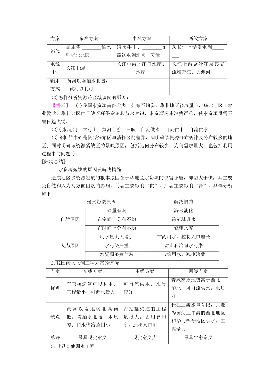 高中地理 第三单元 区域资源、环境与可持续发展 第3节 资源的跨区域调配—以南水北调为例学案 鲁教版必修3-鲁教版高一必修3地理学案_第3页