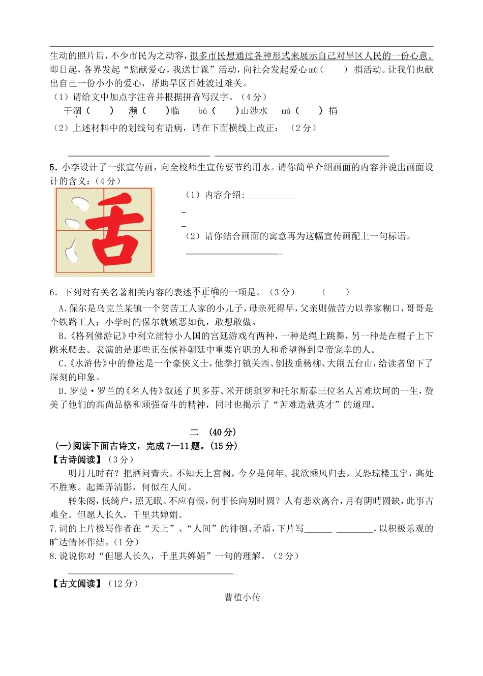 江苏省南京市金陵中学河西分校2009—2010学年九年级下学期期中试卷——语文_第2页