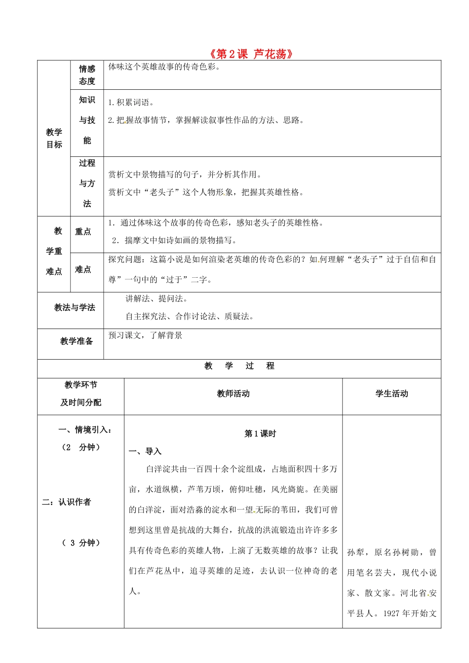 陕西省安康市紫阳县紫阳中学初中部八年级语文上册《第2课 芦花荡》教案2 新人教版_第1页