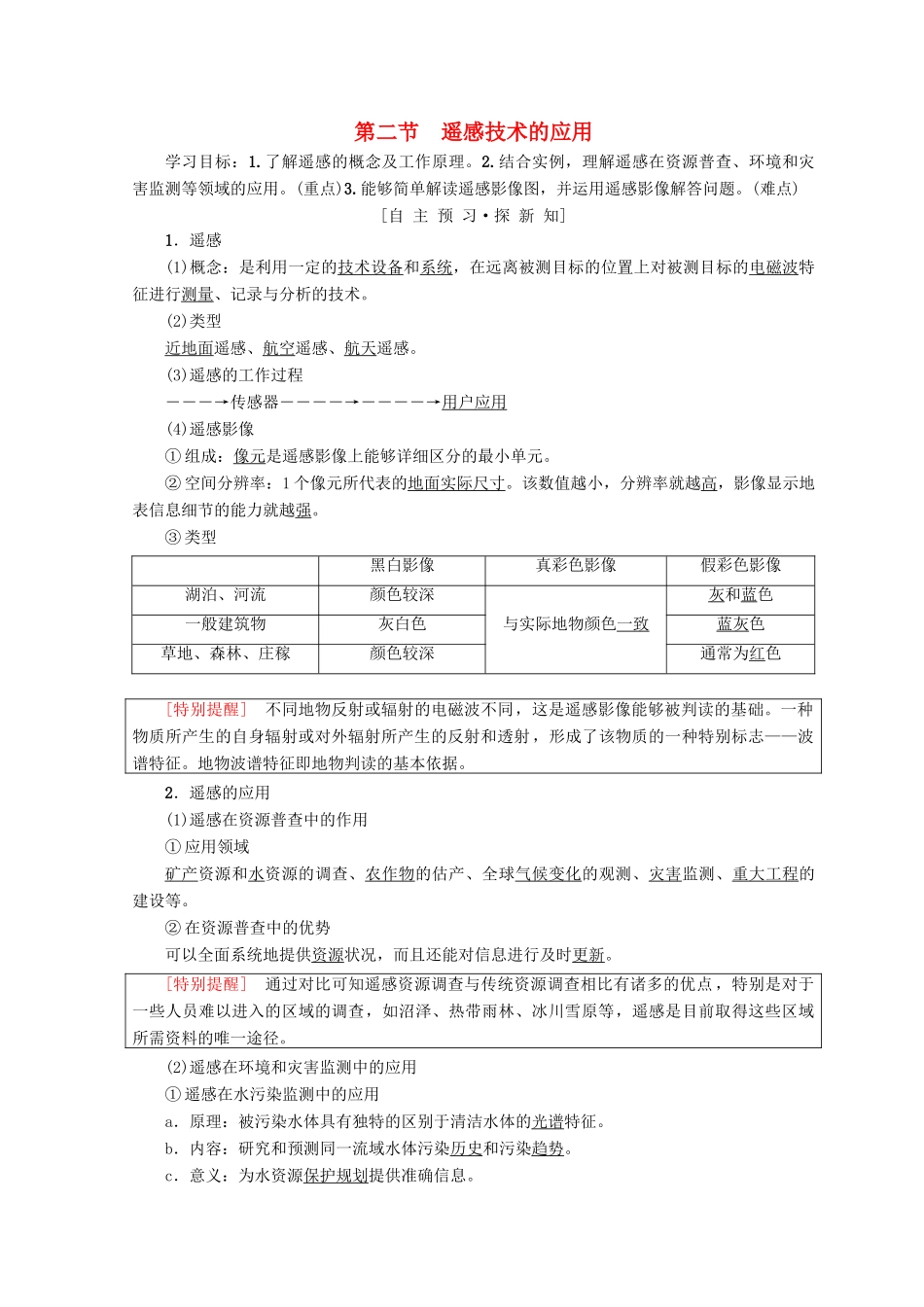 高中地理 第3章 地理信息技术的应用 第2节 遥感技术的应用学案 中图版必修3-中图版高一必修3地理学案_第1页