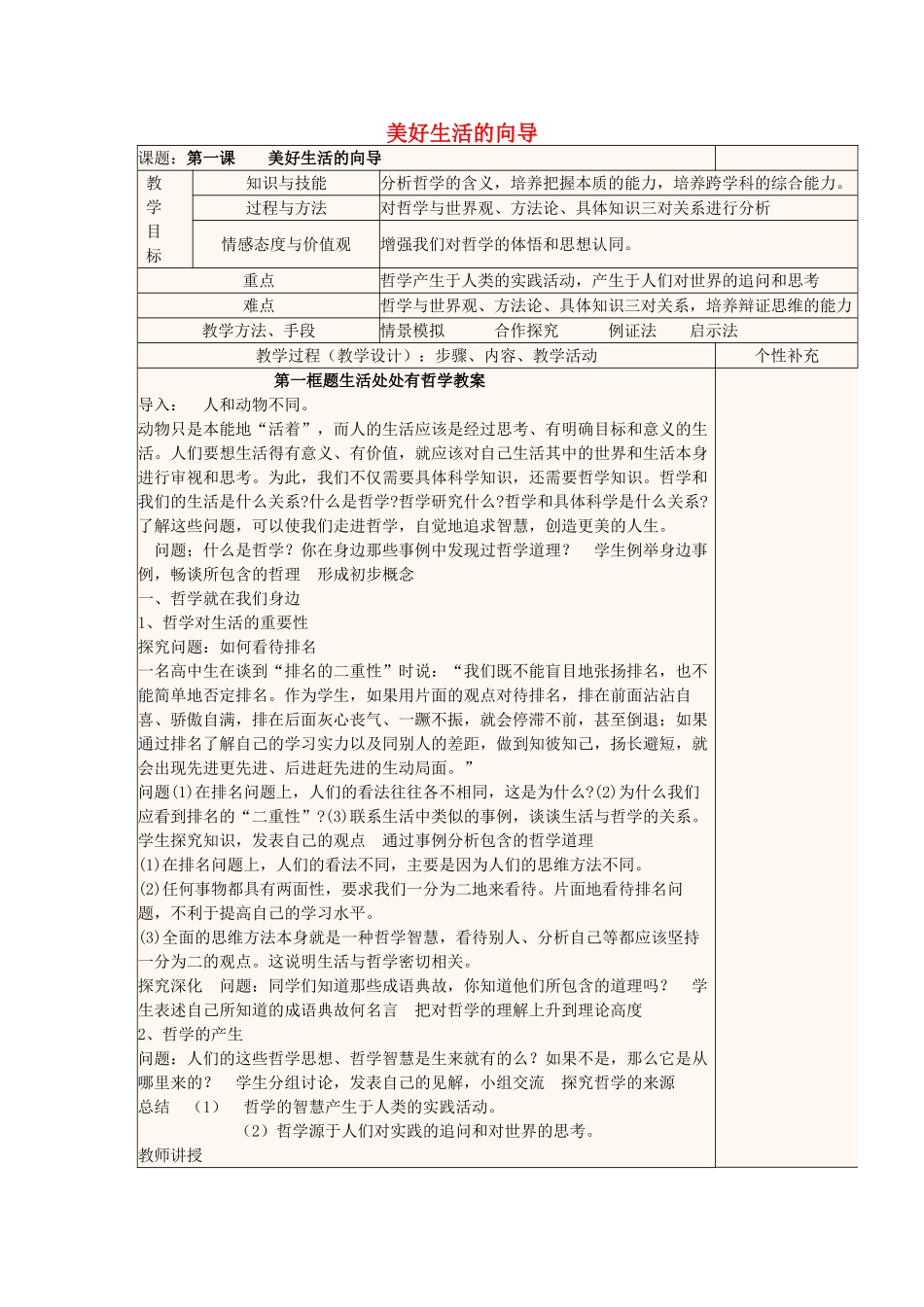 高中政治《美好生活的向导》教学设计 新人教版必修4-新人教版高二必修4政治教案_第1页