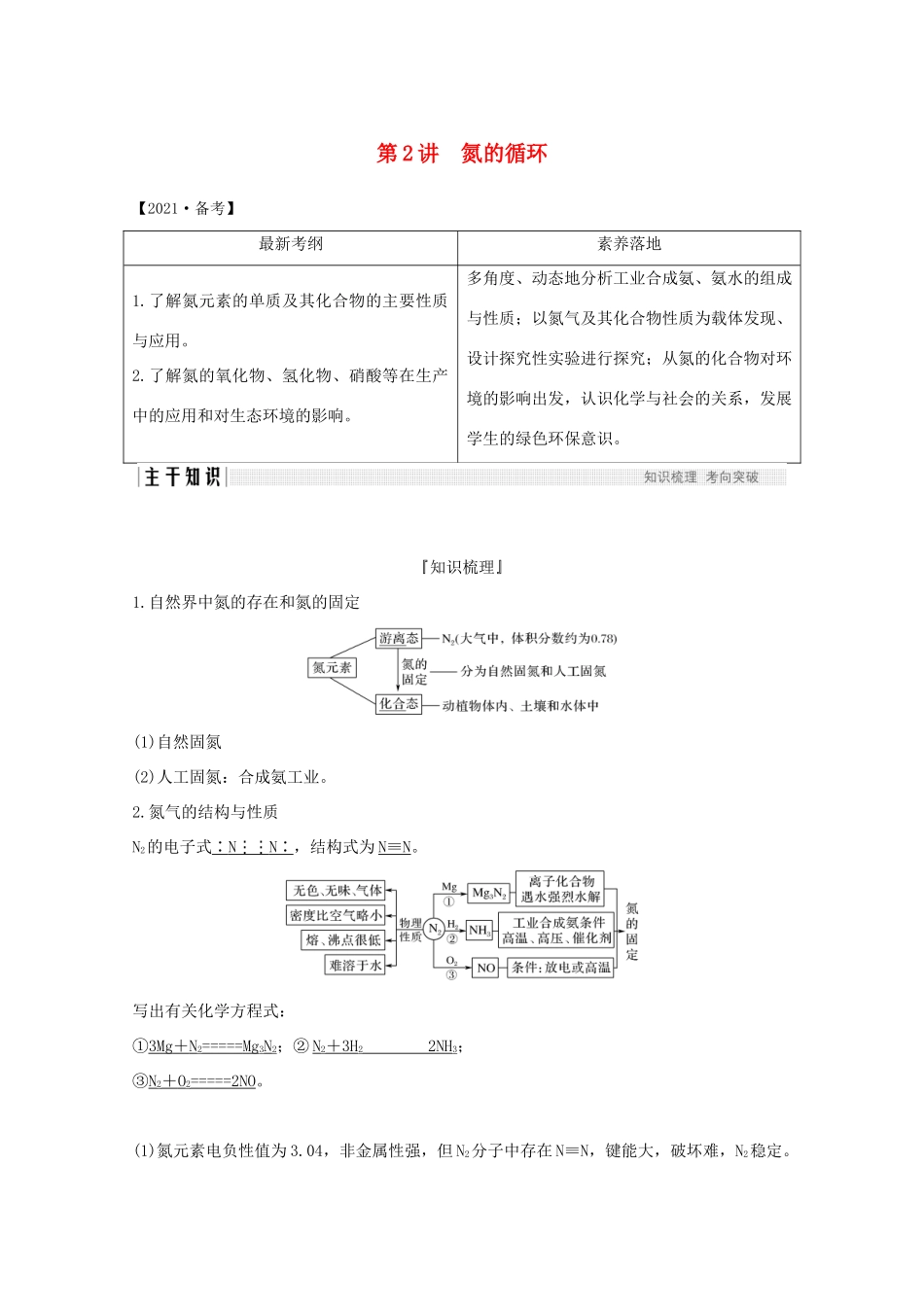 高考化学一轮复习 第3章 自然界及材料家族中的元素 第2讲 氮的循环学案 鲁科版-鲁科版高三全册化学学案_第1页