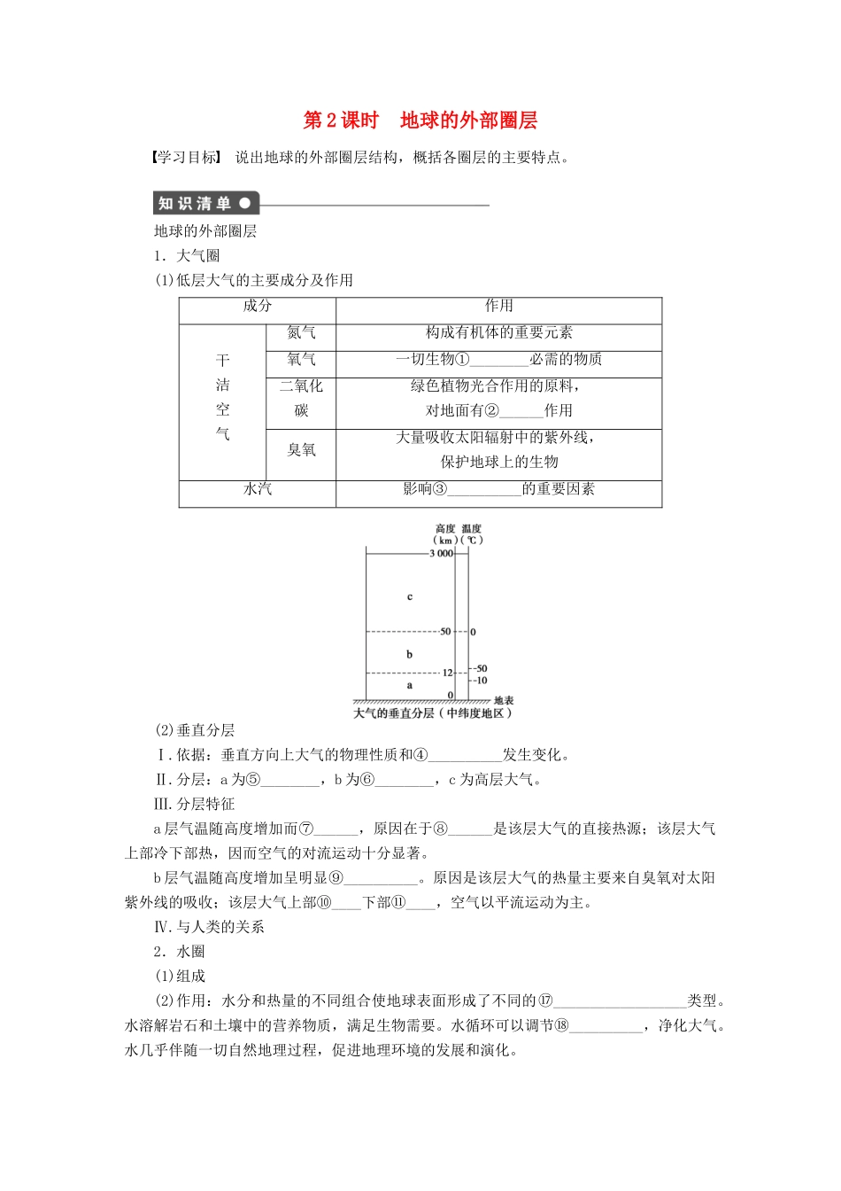 高中地理 第一章 宇宙中的地球 第四节 地球的圈层结构 第2课时 地球的外部圈层学案 中图版必修1-中图版高一必修1地理学案_第1页