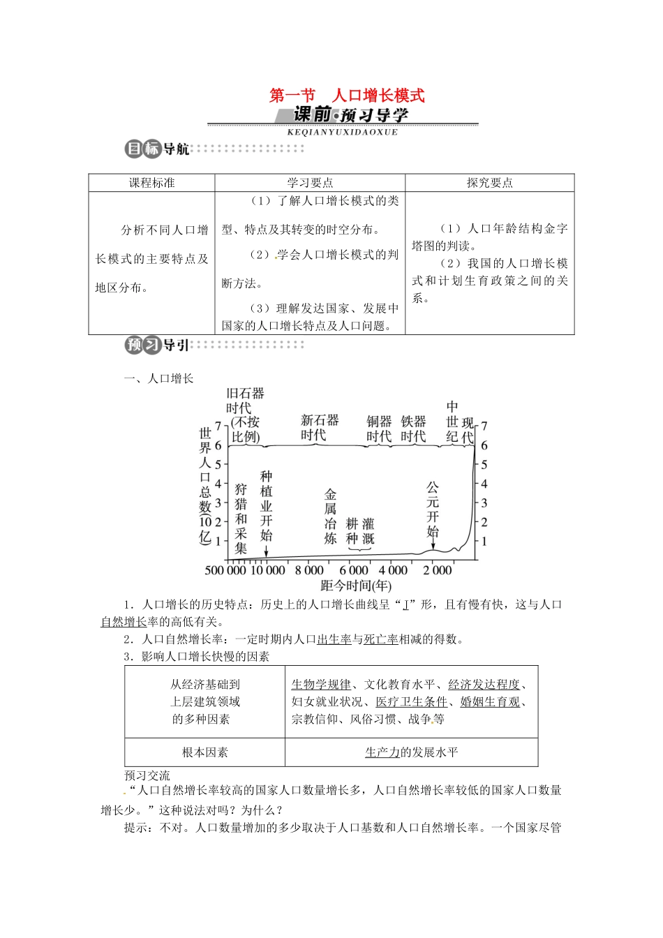 高中地理 第一章 第1节 人口增长模式导学案 湘教版必修2-湘教版高一必修2地理学案_第1页