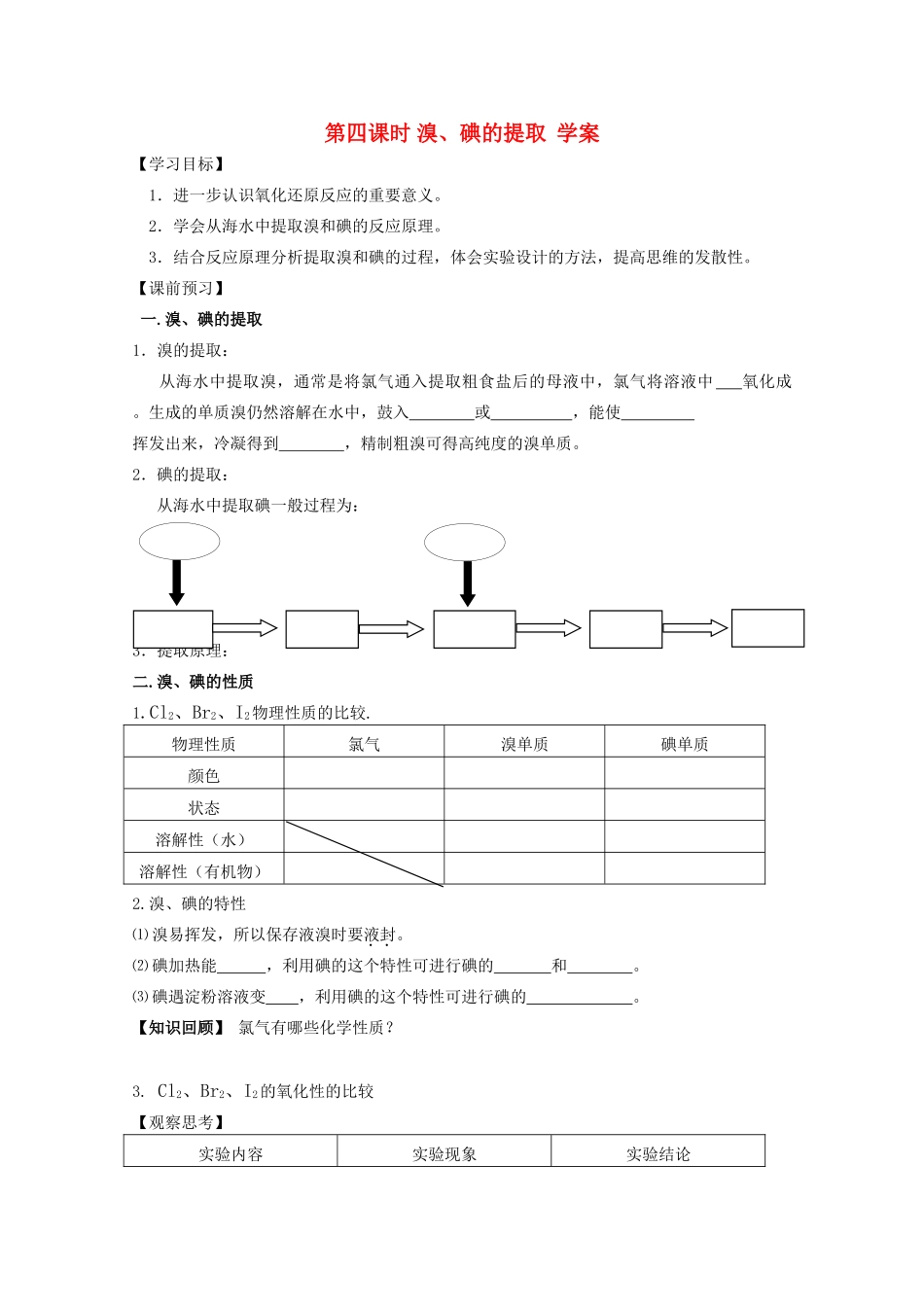 高中化学 《溴、碘的提取》学案 苏教版必修1_第1页