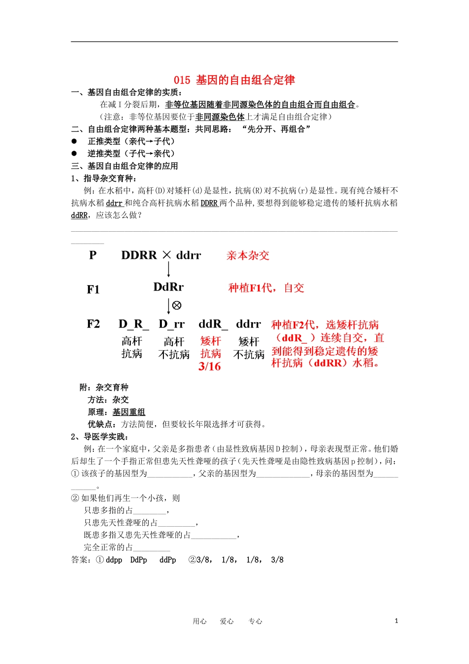 河北省广平一中高三生物总复习学案 015 基因的自由组合定律（艺术班）_第1页