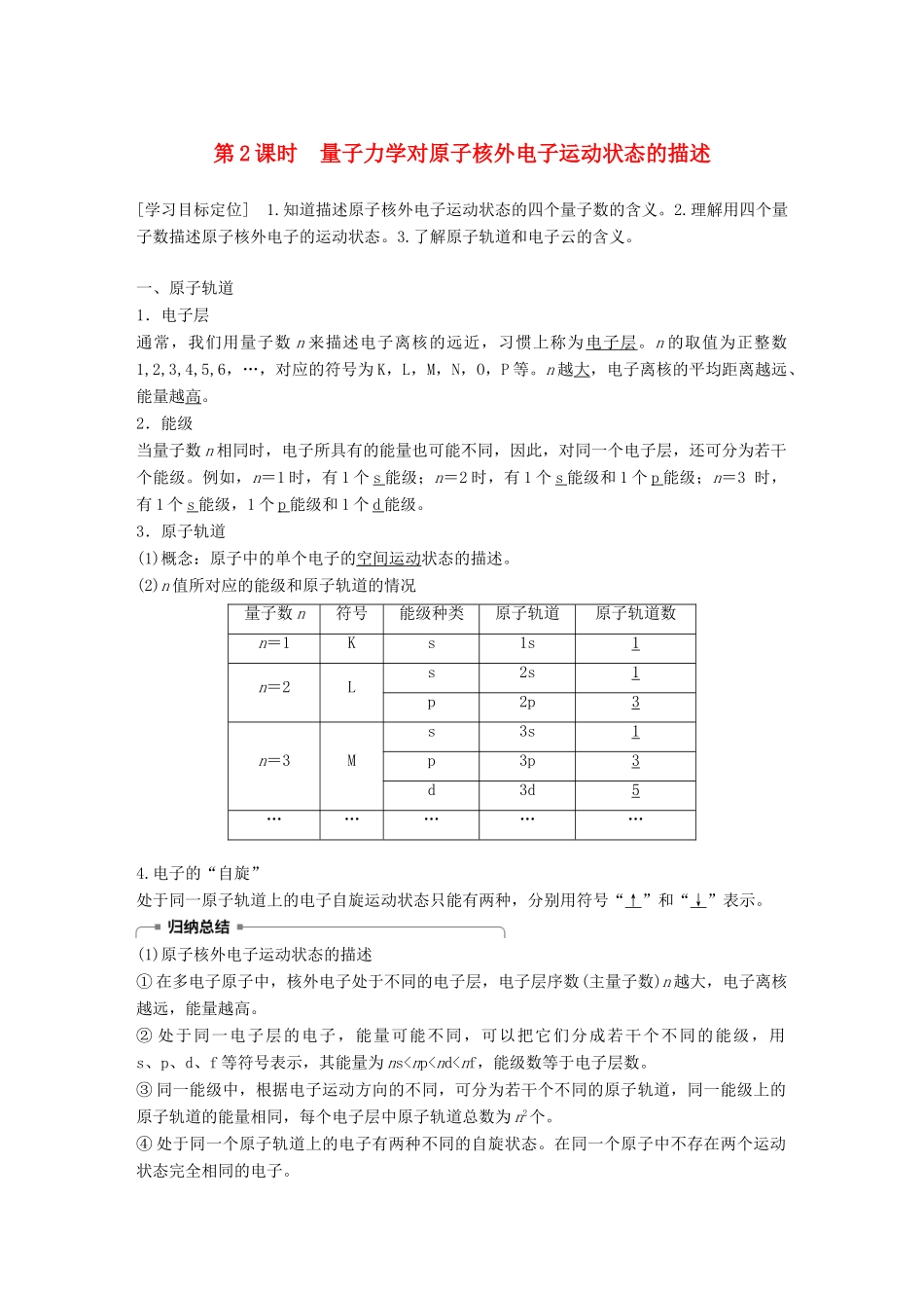 高中化学 第1章 原子结构 第1节 原子结构模型 第2课时学案 鲁科版选修3-鲁科版高二选修3化学学案_第1页