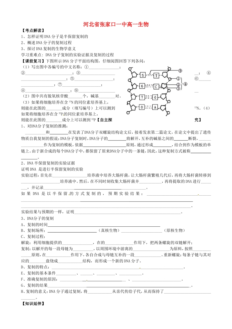 河北省张家口一中高一生物3.3《DNA的复制作业》学案_第1页