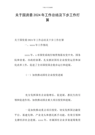 关于国资委2024年工作总结及下步工作打算