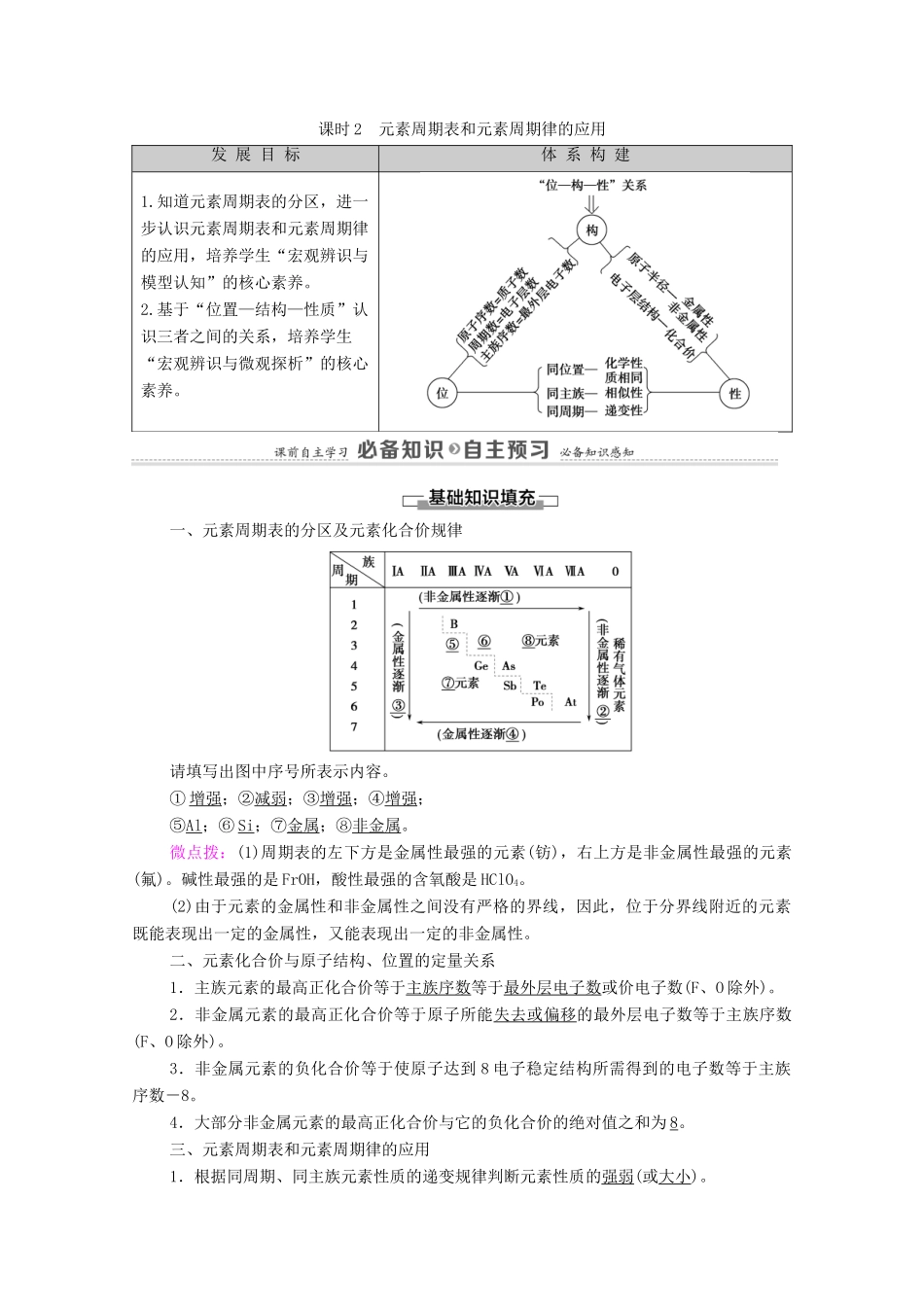 高中化学 第4章 物质结构 元素周期律 第2节 课时2 元素周期表和元素周期律的应用学案 新人教版必修第一册-新人教版高中第一册化学学案_第1页