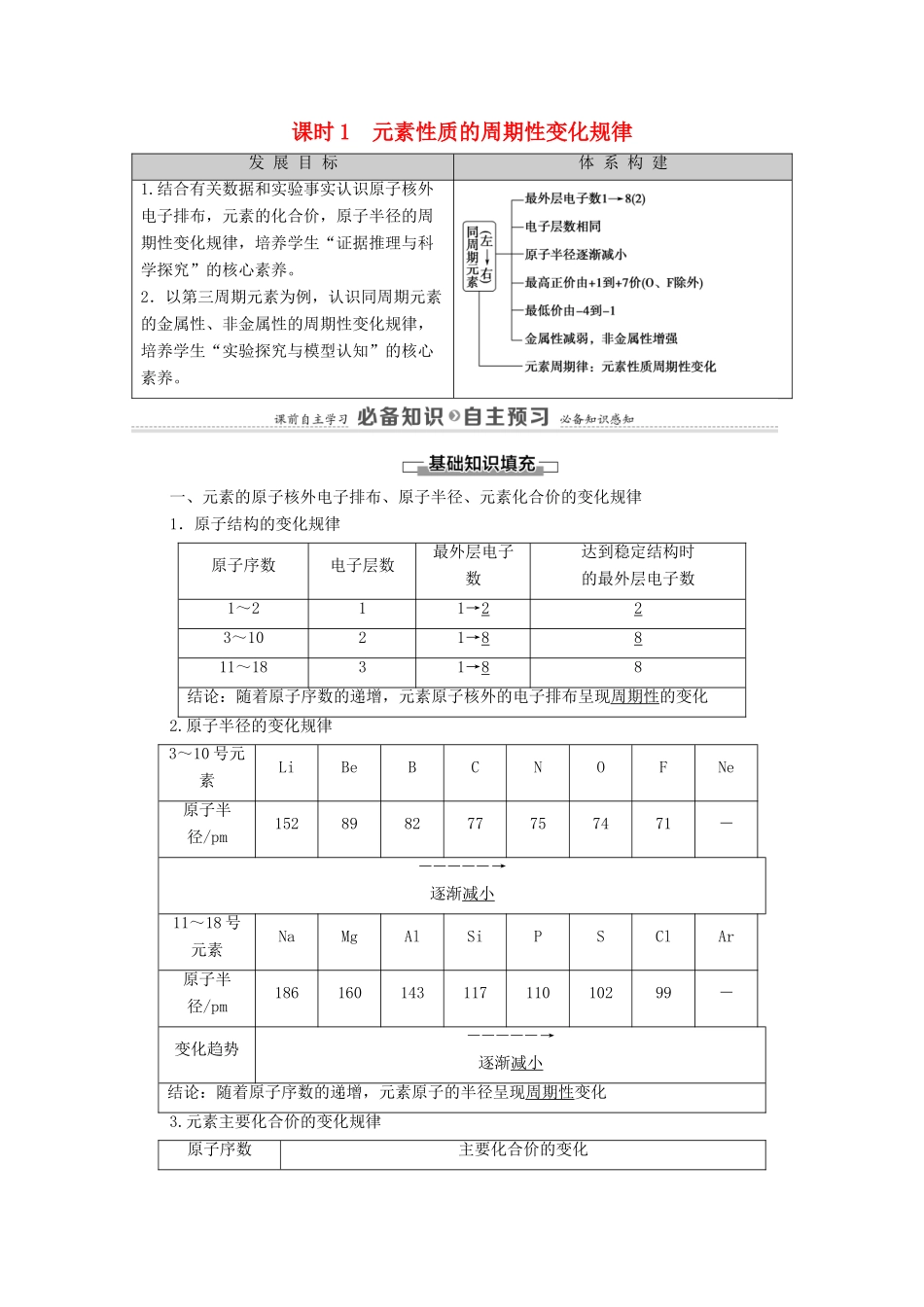 高中化学 第4章 物质结构 元素周期律 第2节 课时1 元素性质的周期性变化规律学案 新人教版必修第一册-新人教版高中第一册化学学案_第1页