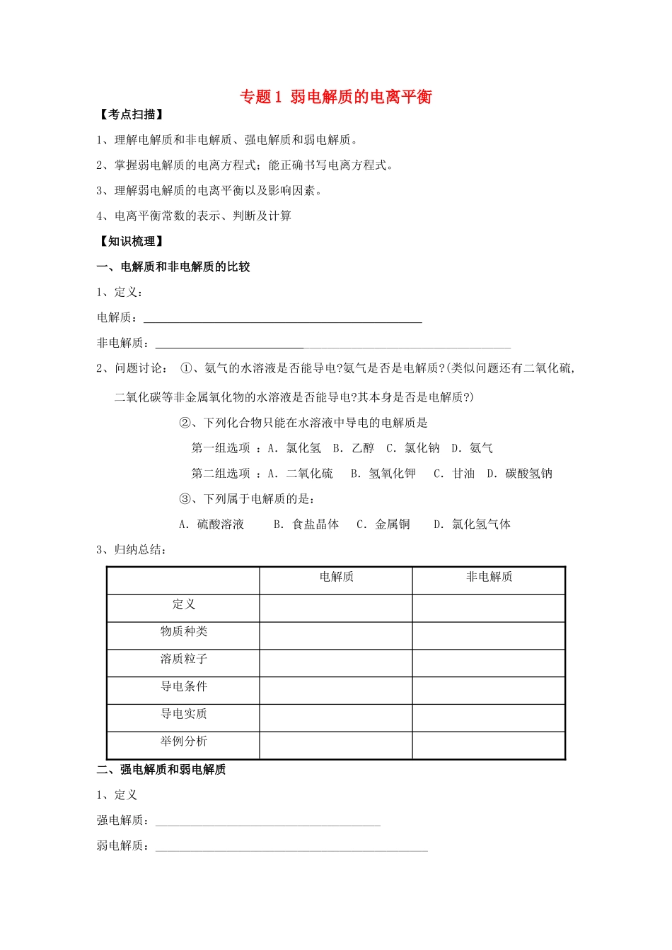 高三化学一轮复习 3.1.1弱电解质的电离平衡教学案 苏教版_第1页