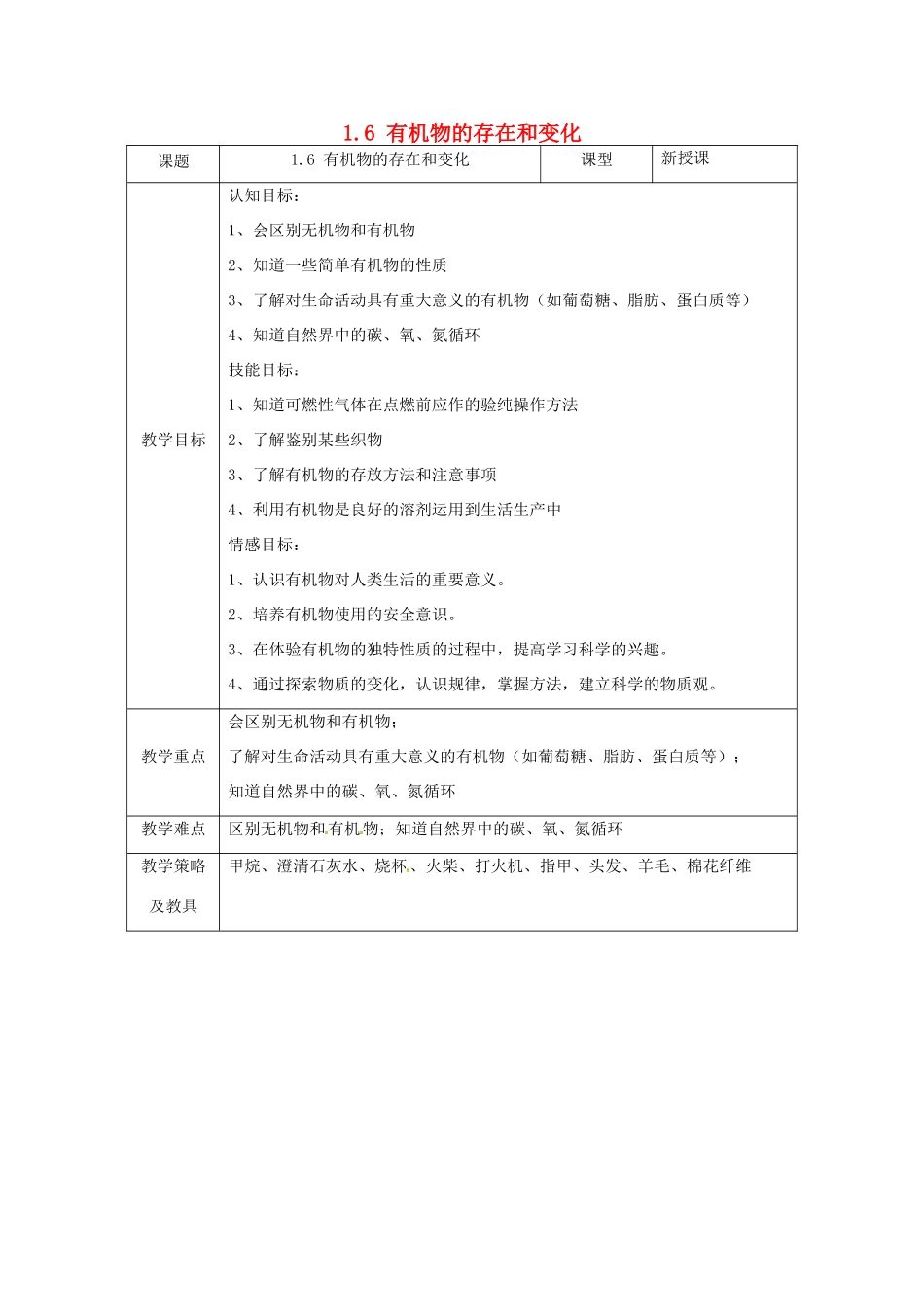 湖北省通山县杨芳中学九年级科学上册 1.6 有机物的存在和变化教案 浙教版_第1页