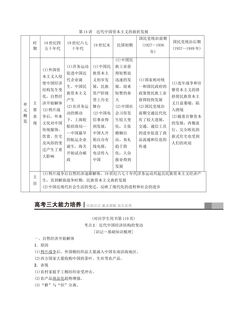 高考历史一轮复习 第7单元 近代中国资本主义的曲折发展和近现代社会生活的变迁 第14讲 近代中国资本主义的曲折发展学案 北师大版-北师大版高三全册历史学案_第1页