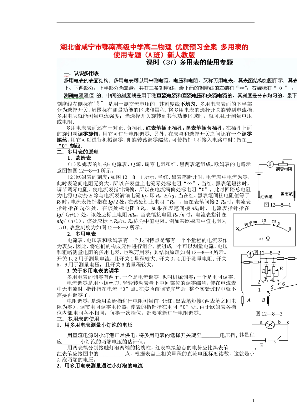 湖北省咸宁市鄂南高级中学高二物理 优质预习全案 多用表的使用专题（A班）新人教版_第1页