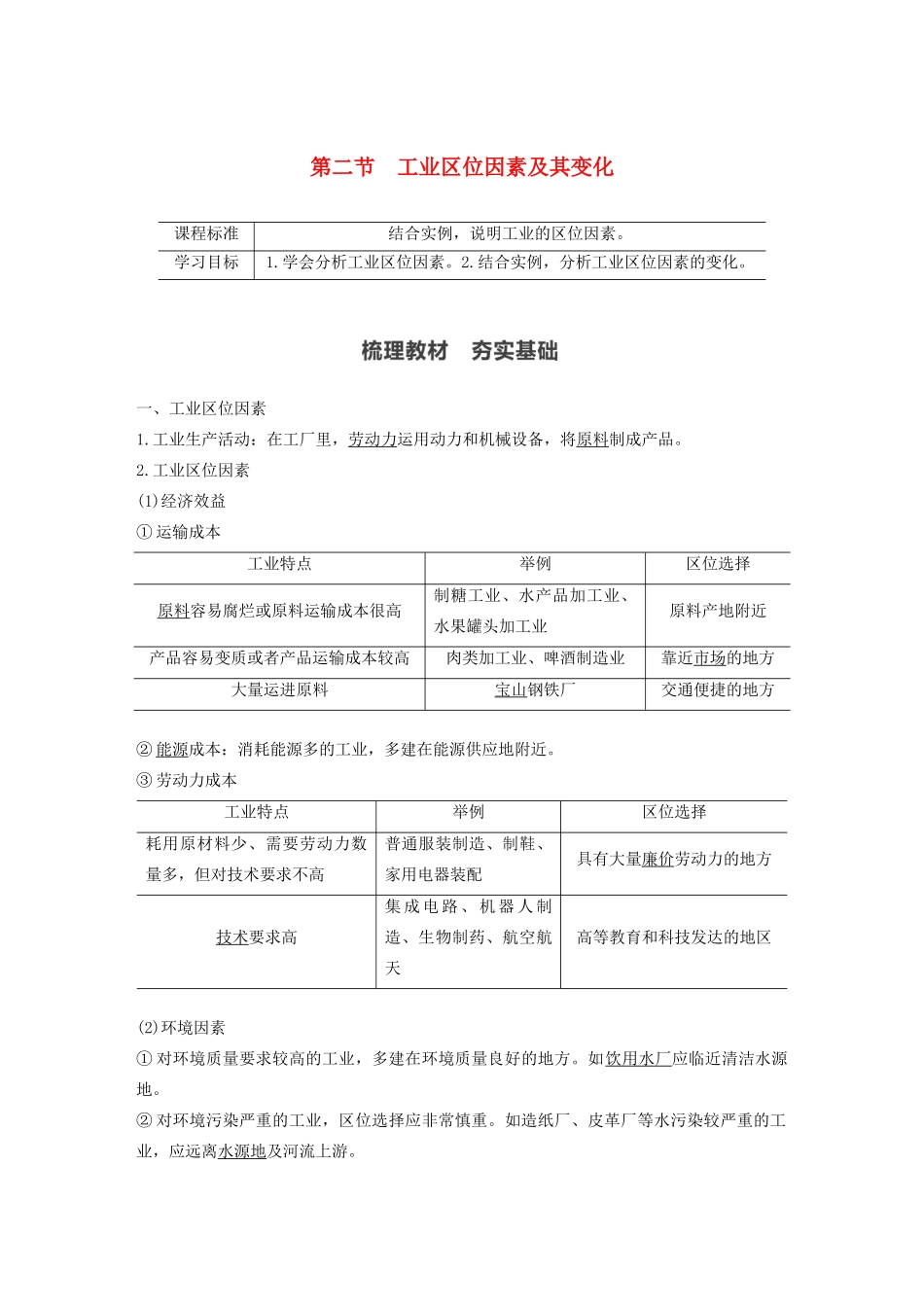 高中地理 第3章 产业区位因素 第二节 工业区位因素及其变化学案 新人教版必修第二册-新人教版高一第二册地理学案_第1页