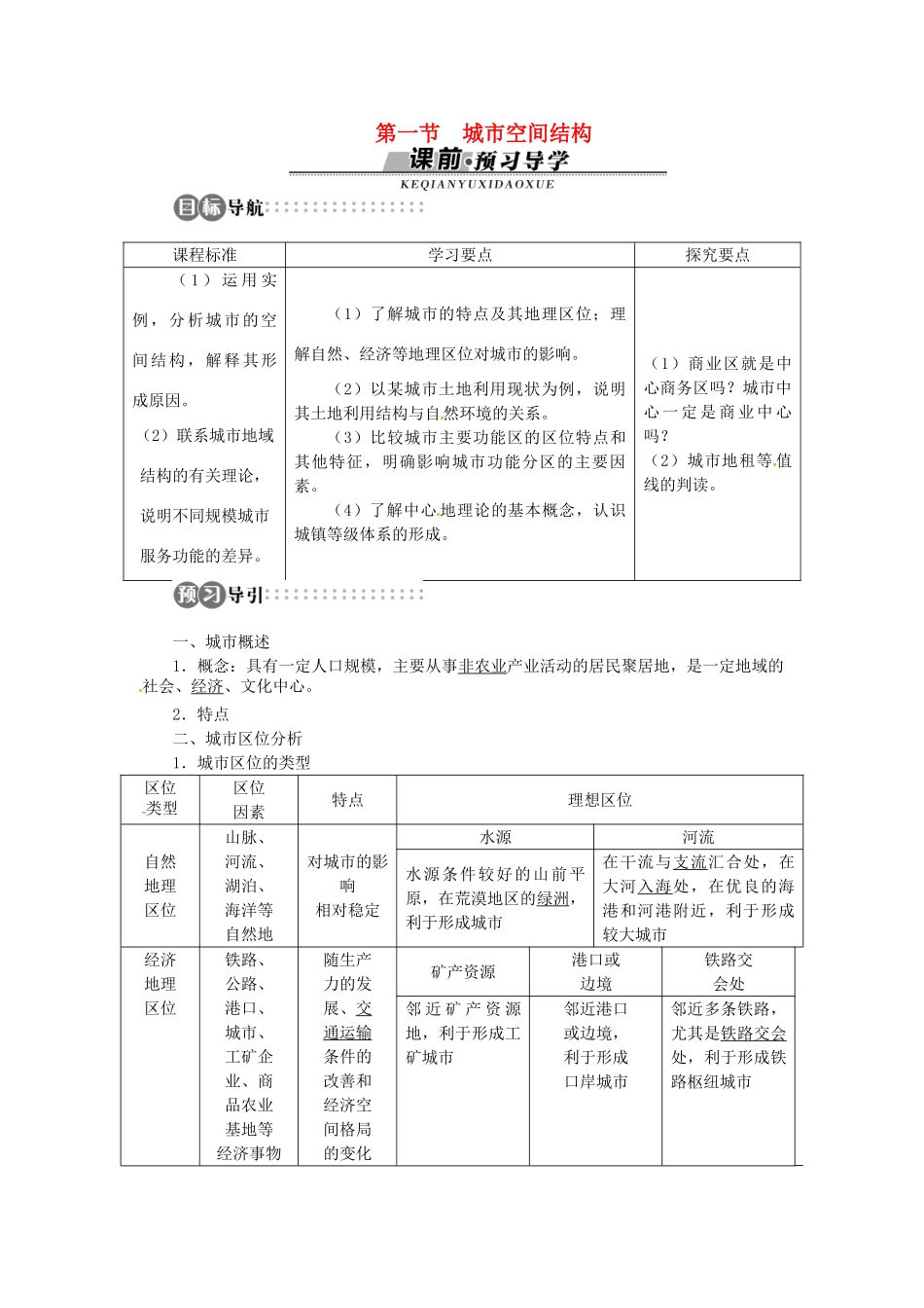 高中地理 第二章 第1节 城市空间结构导学案 湘教版必修2-湘教版高一必修2地理学案_第1页